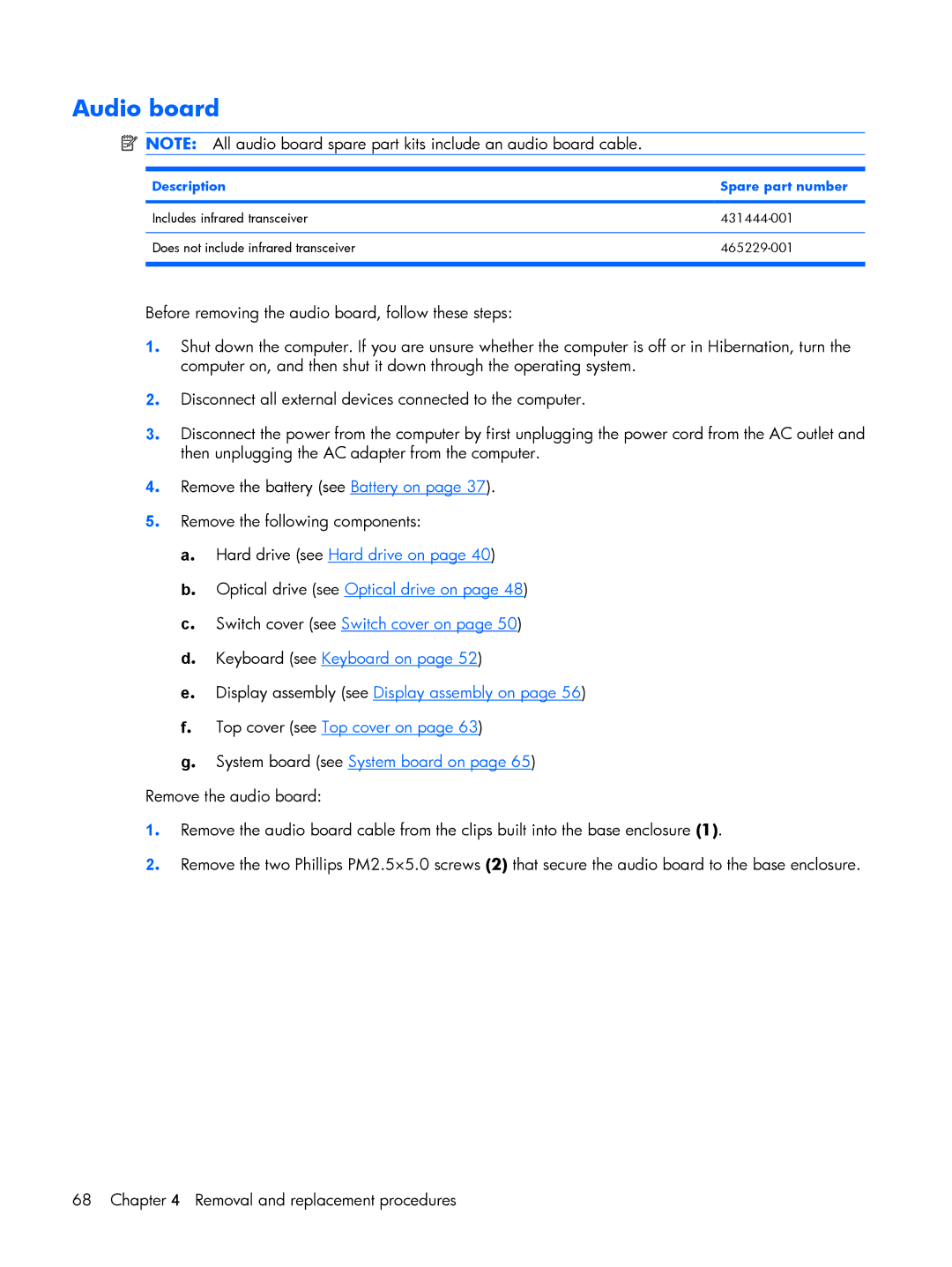 HP G6000 manual Audio board, Description Spare part number 