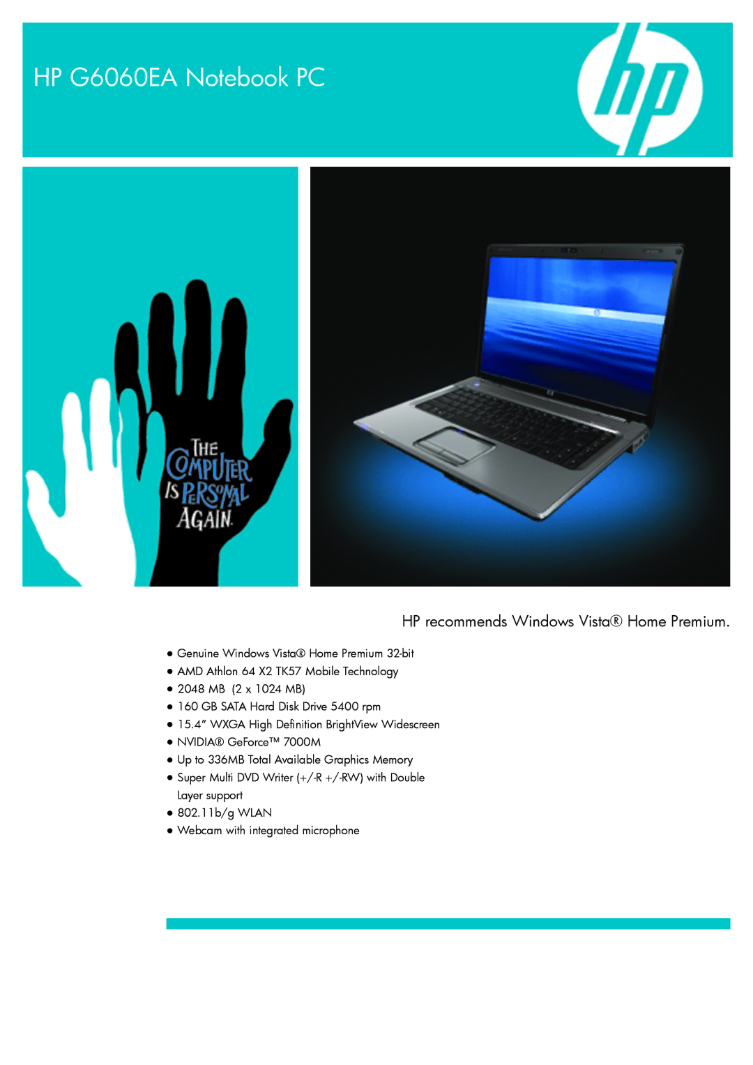 HP manual HP G6060EA Notebook PC, HP recommends Windows Vista Home Premium 