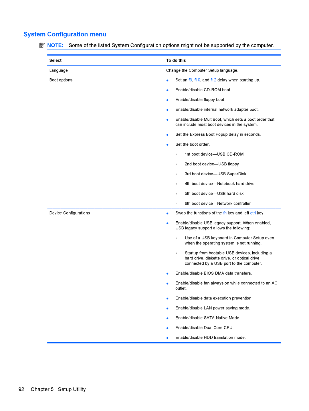 HP G62-100 G62, G62-100 B5A24UA#ABA manual System Configuration menu 