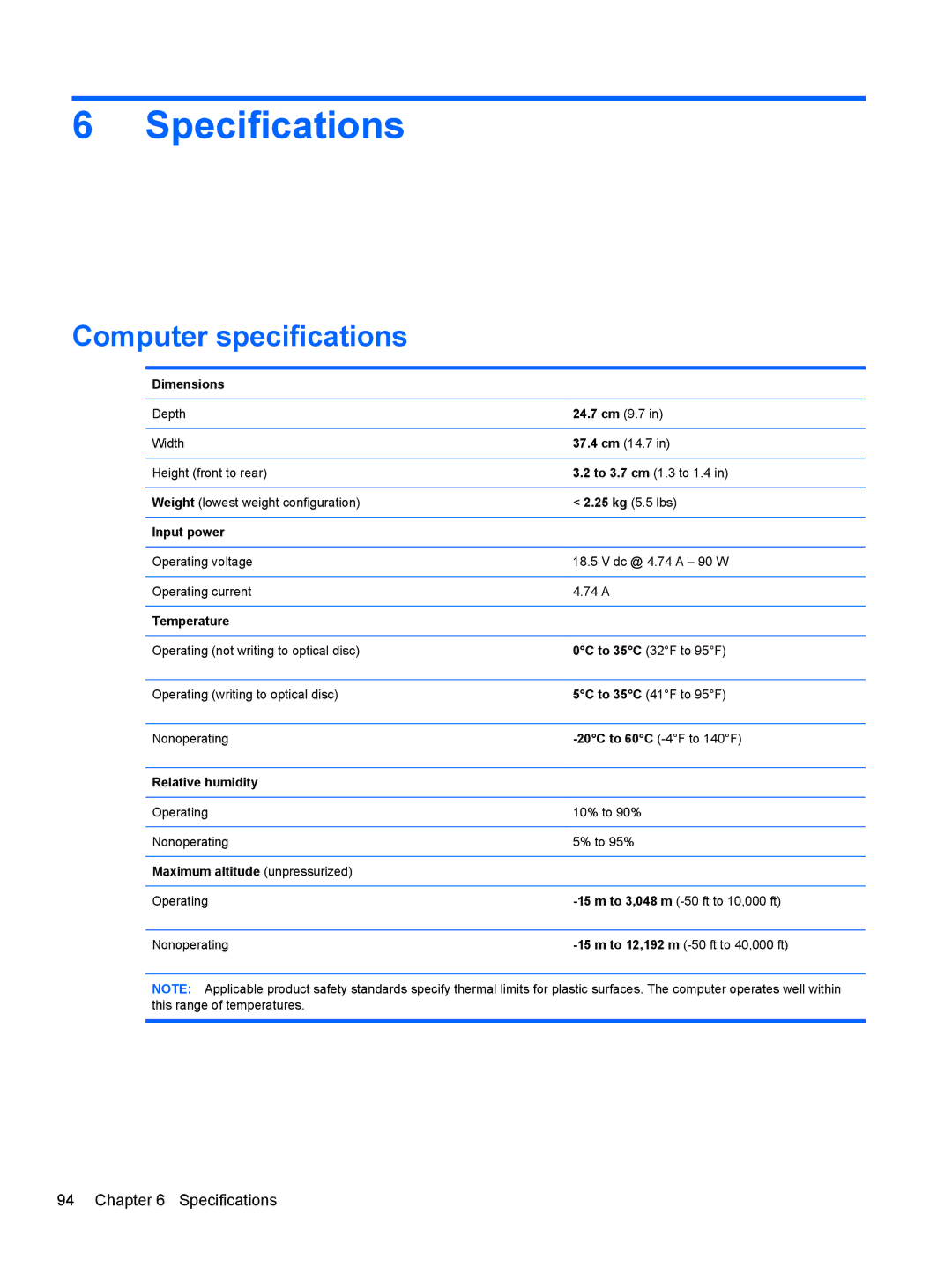 HP G62-100 G62, G62-100 B5A24UA#ABA manual Specifications, Computer specifications 