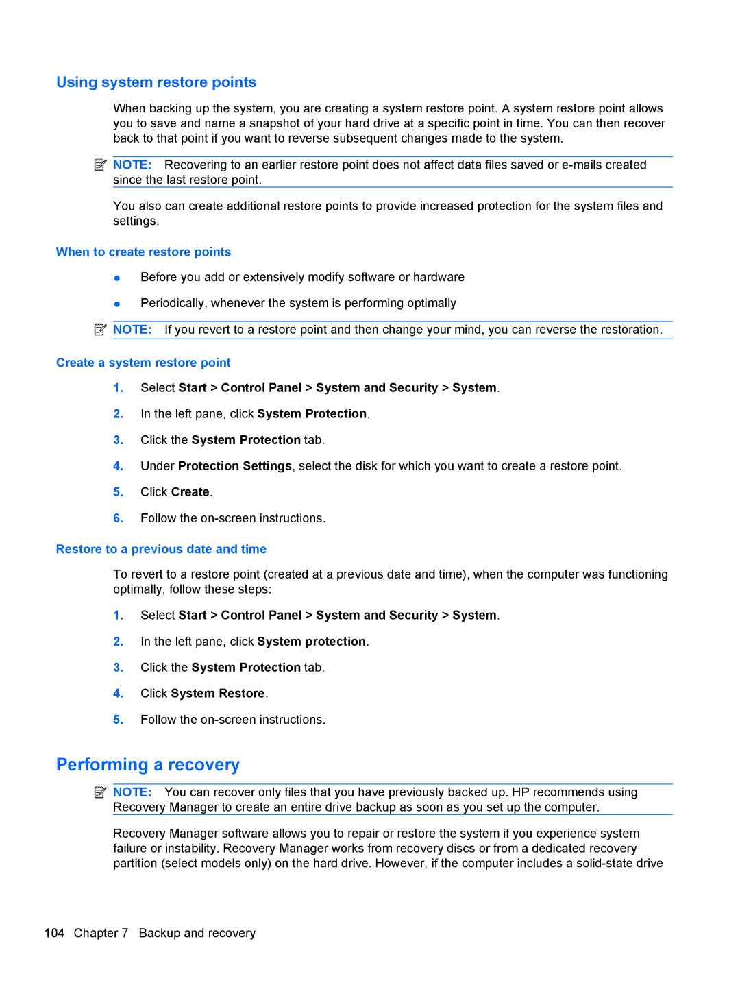 HP G62-100 G62, G62-100 B5A24UA#ABA manual Performing a recovery, Using system restore points 