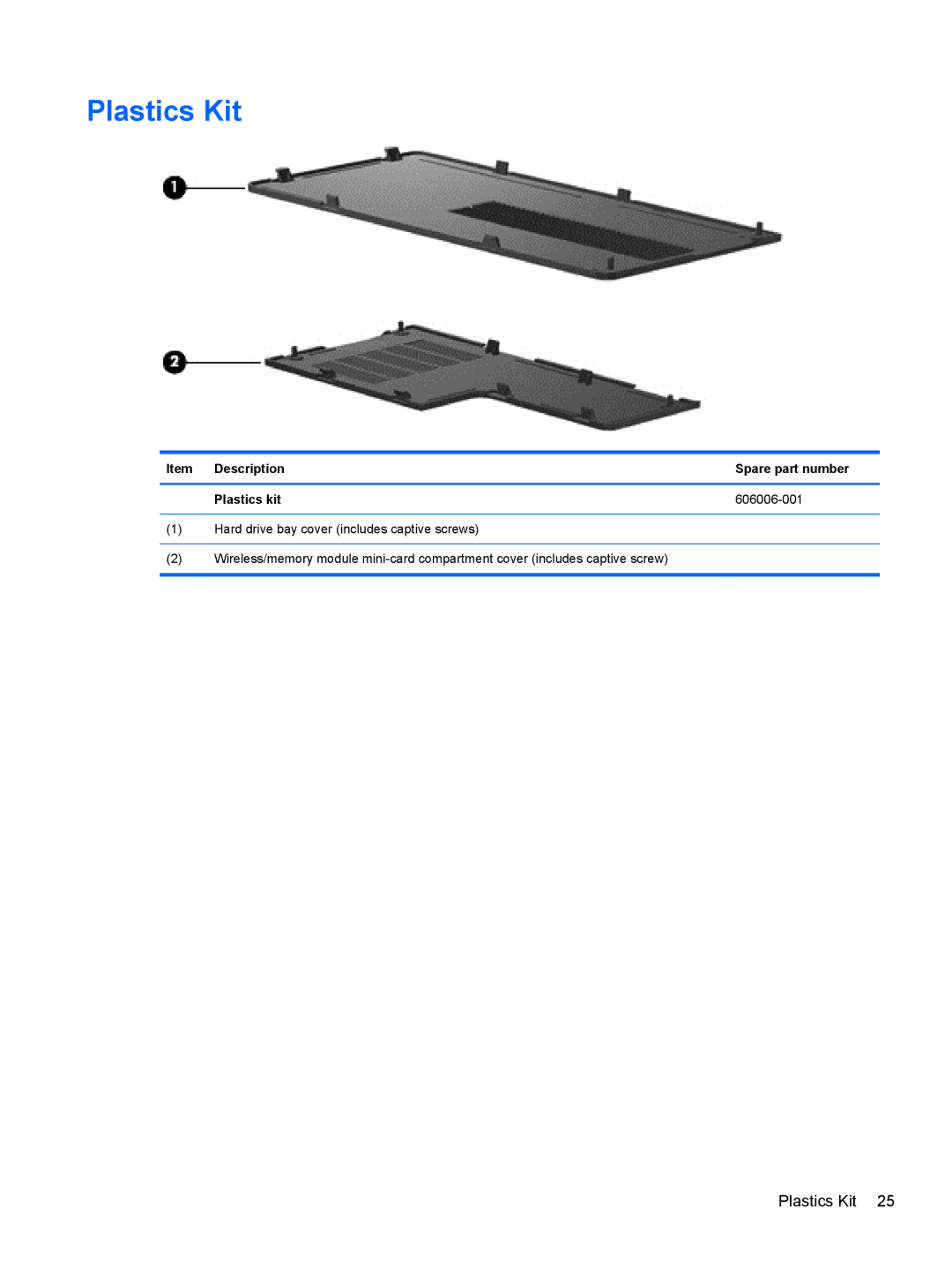 HP G62-100 B5A24UA#ABA, G62-100 G62 manual Plastics Kit, Item Description Spare part number Plastics kit 606006-001 