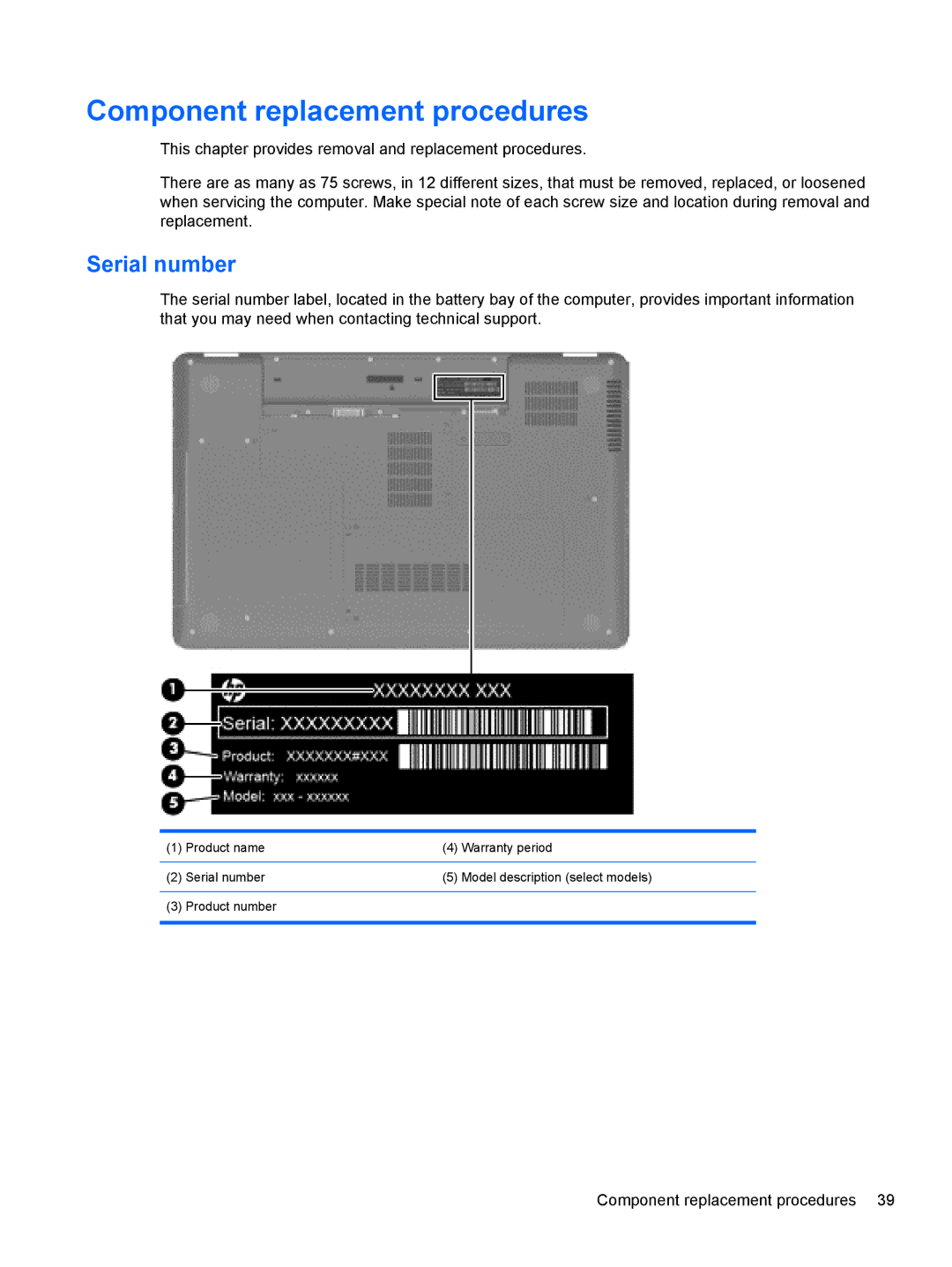 HP G62-100 B5A24UA#ABA, G62-100 G62 manual Component replacement procedures, Serial number 