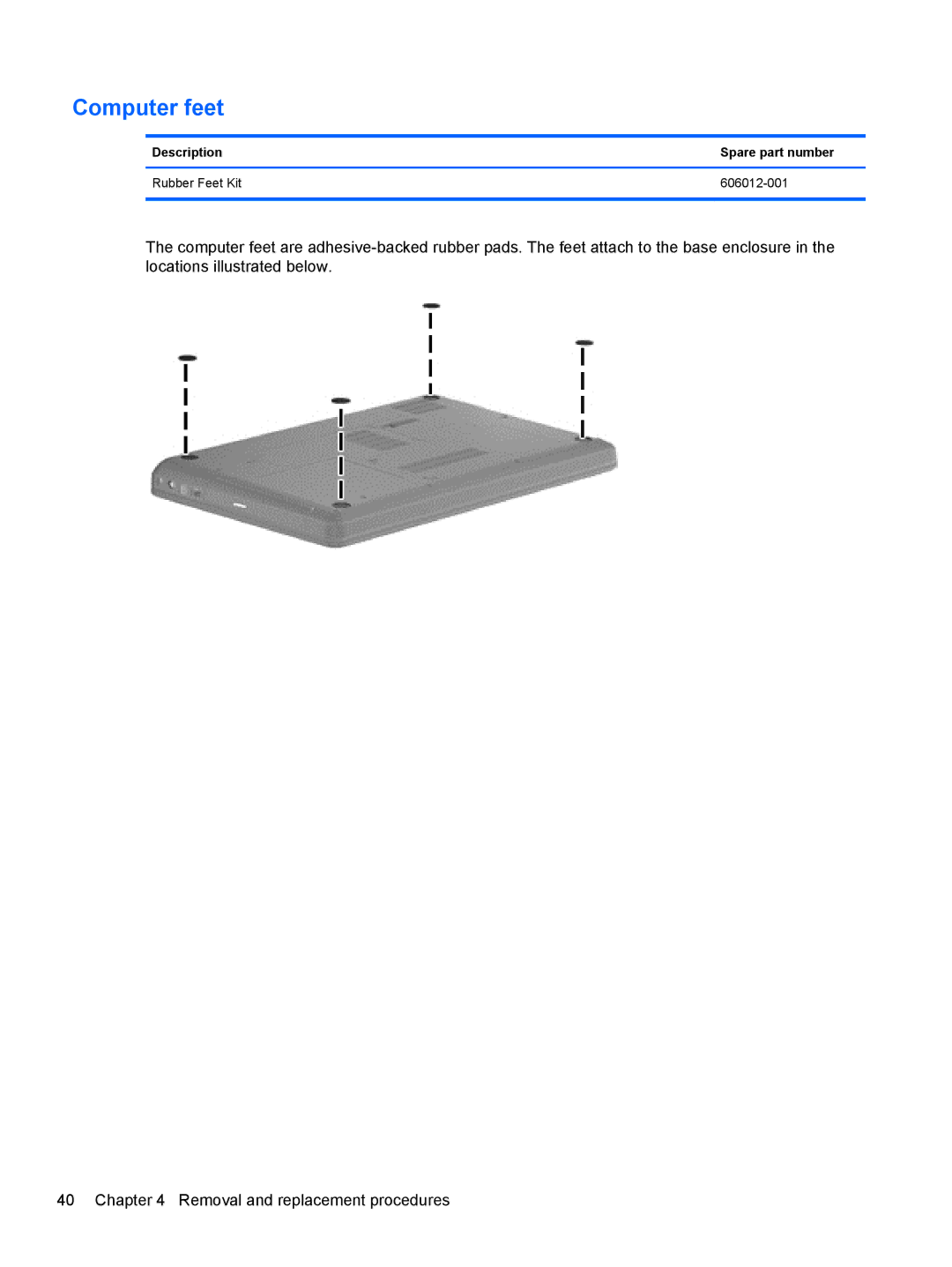 HP G62-100 G62, G62-100 B5A24UA#ABA manual Computer feet, Description Spare part number Rubber Feet Kit 606012-001 