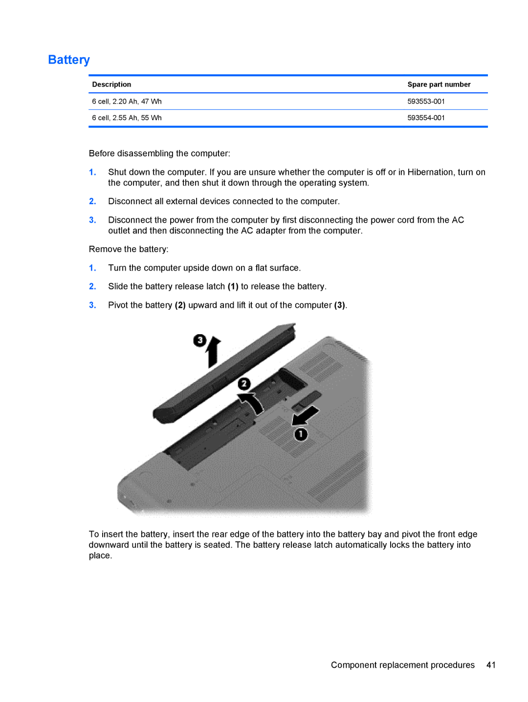 HP G62-100 B5A24UA#ABA, G62-100 G62 manual Battery, Description Spare part number 