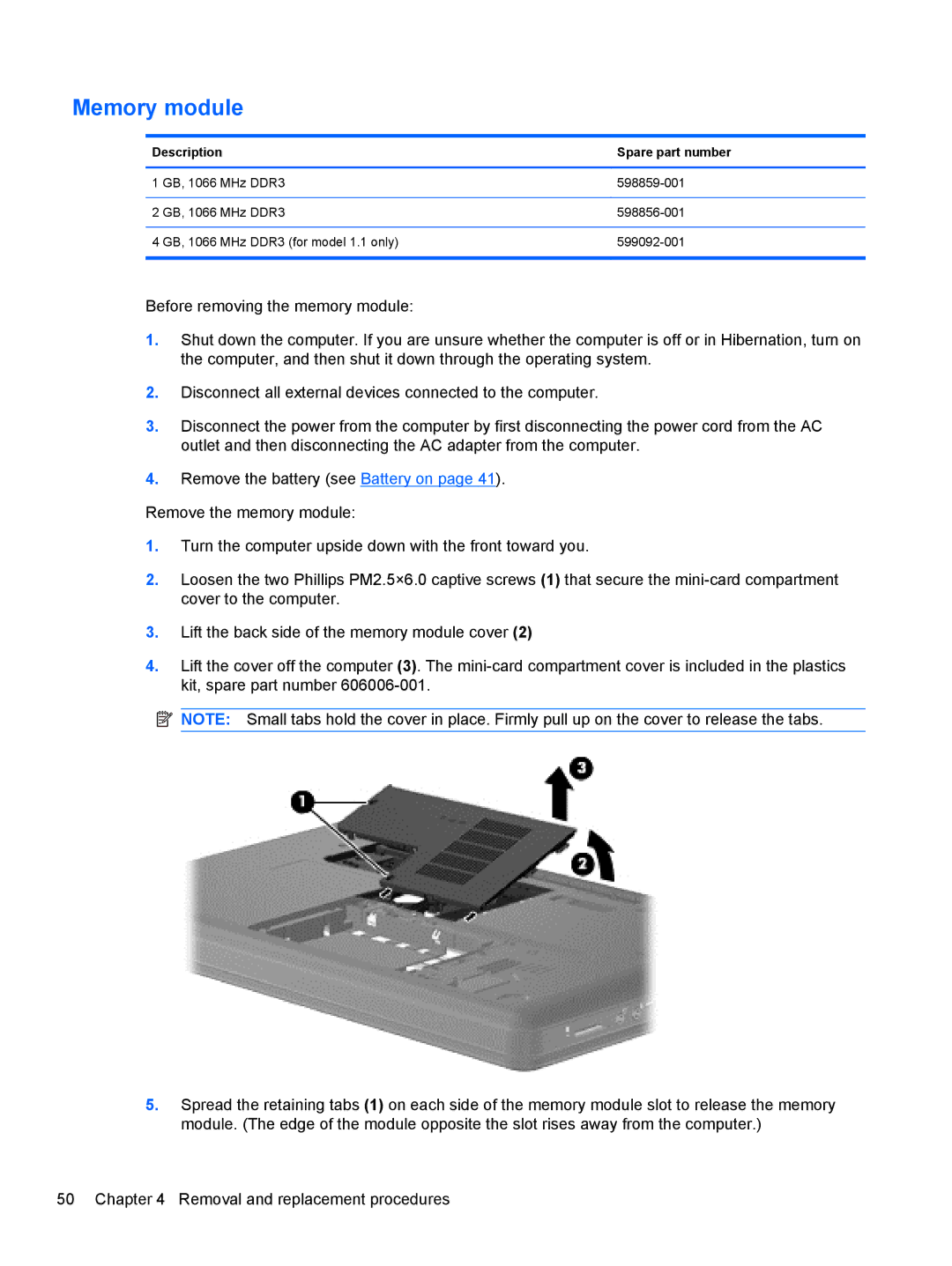 HP G62-100 G62, G62-100 B5A24UA#ABA manual Memory module, Description Spare part number 