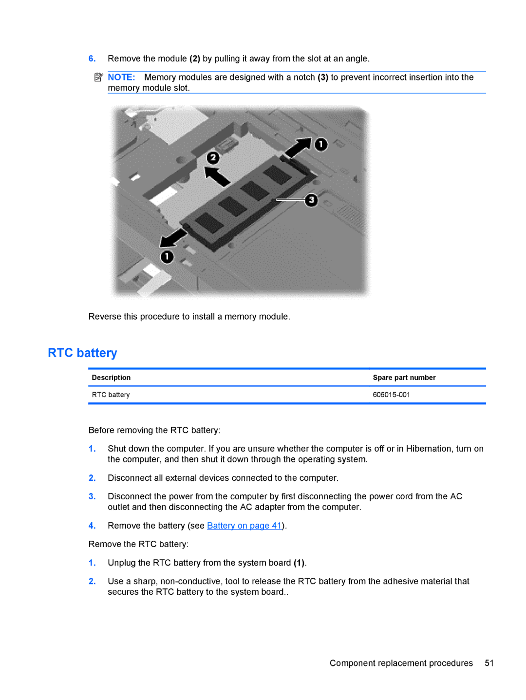 HP G62-100 B5A24UA#ABA, G62-100 G62 manual Description Spare part number RTC battery 606015-001 