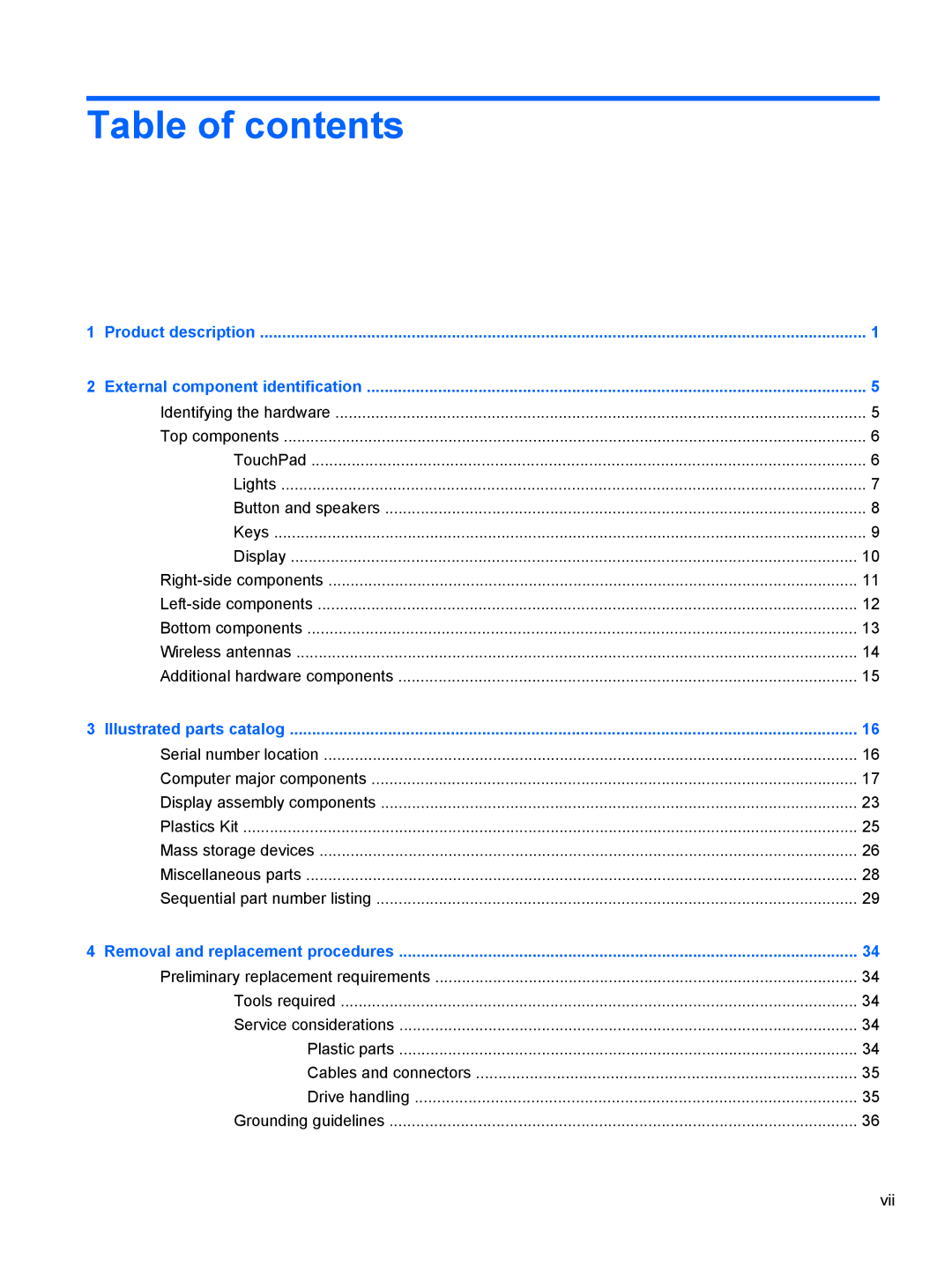 HP G62-100 B5A24UA#ABA, G62-100 G62 manual Table of contents 