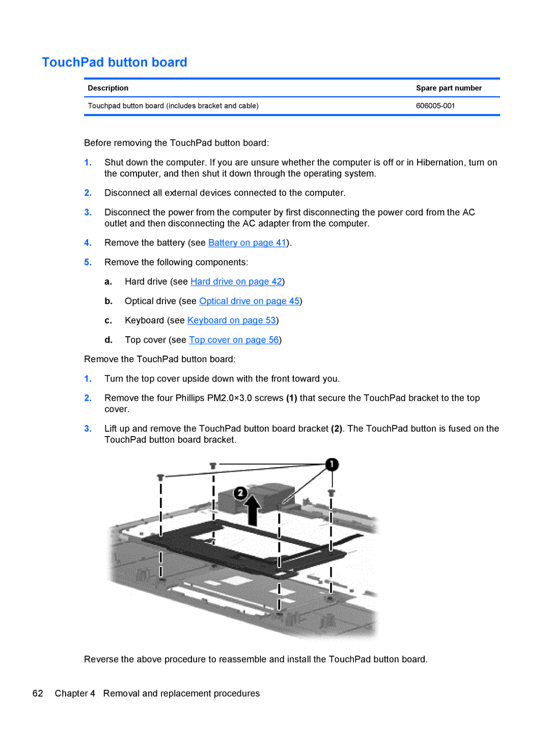 HP G62-100 G62, G62-100 B5A24UA#ABA manual TouchPad button board 