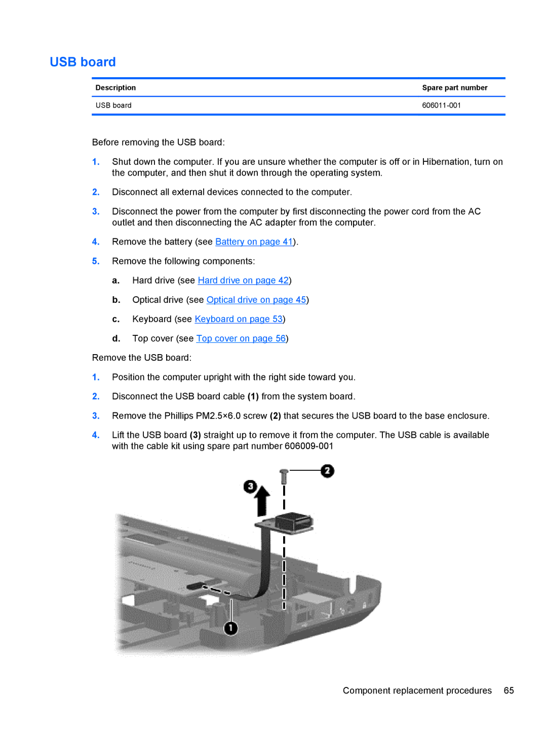 HP G62-100 B5A24UA#ABA, G62-100 G62 manual Description Spare part number USB board 606011-001 