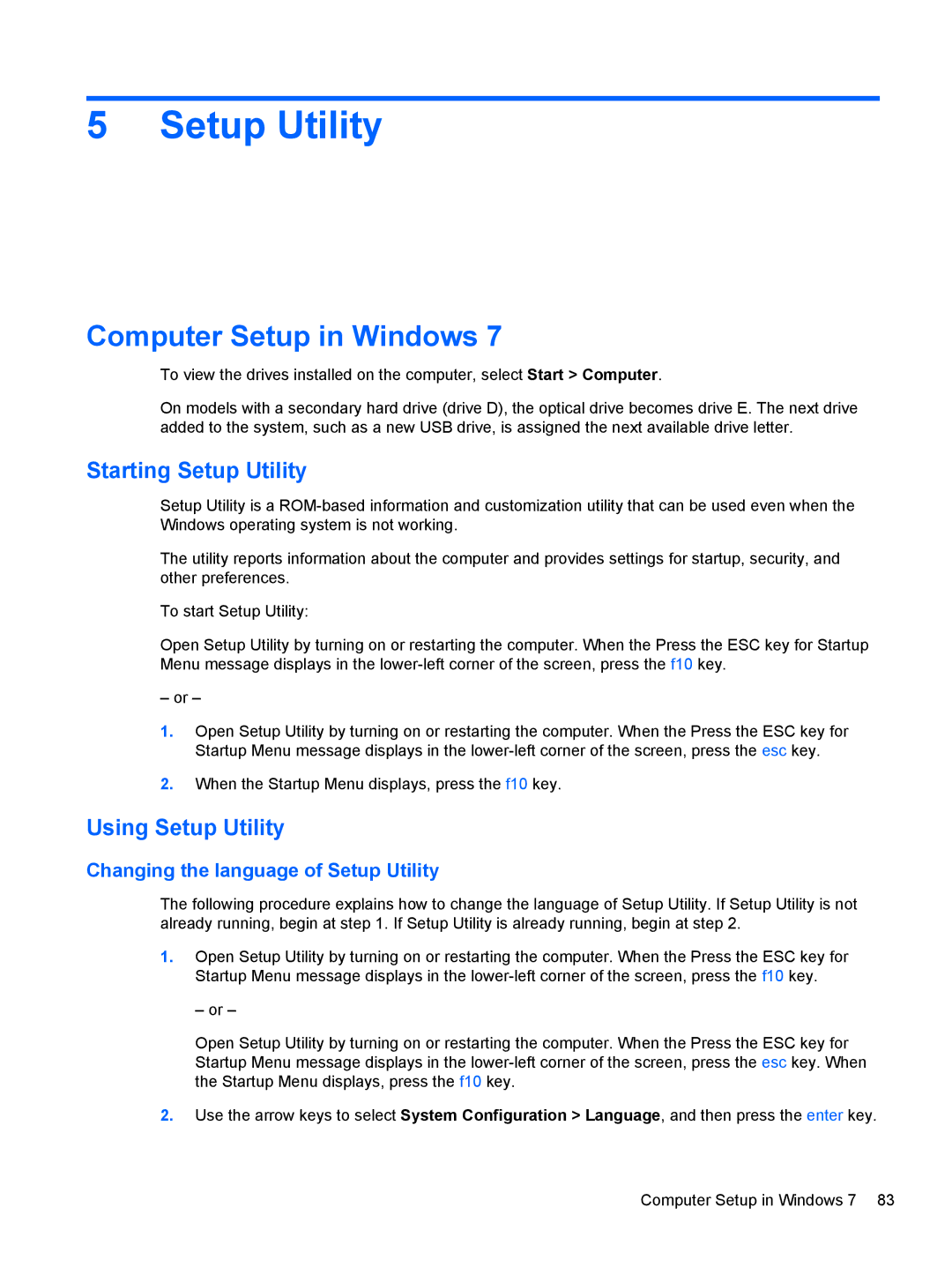 HP G62-100 B5A24UA#ABA, G62-100 G62 manual Computer Setup in Windows, Starting Setup Utility, Using Setup Utility 