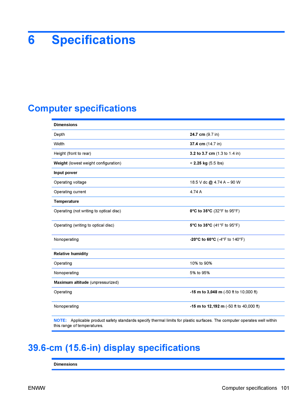 HP G62-222US, CQ62 manual Specifications, Computer specifications, 39.6-cm 15.6-in display specifications 