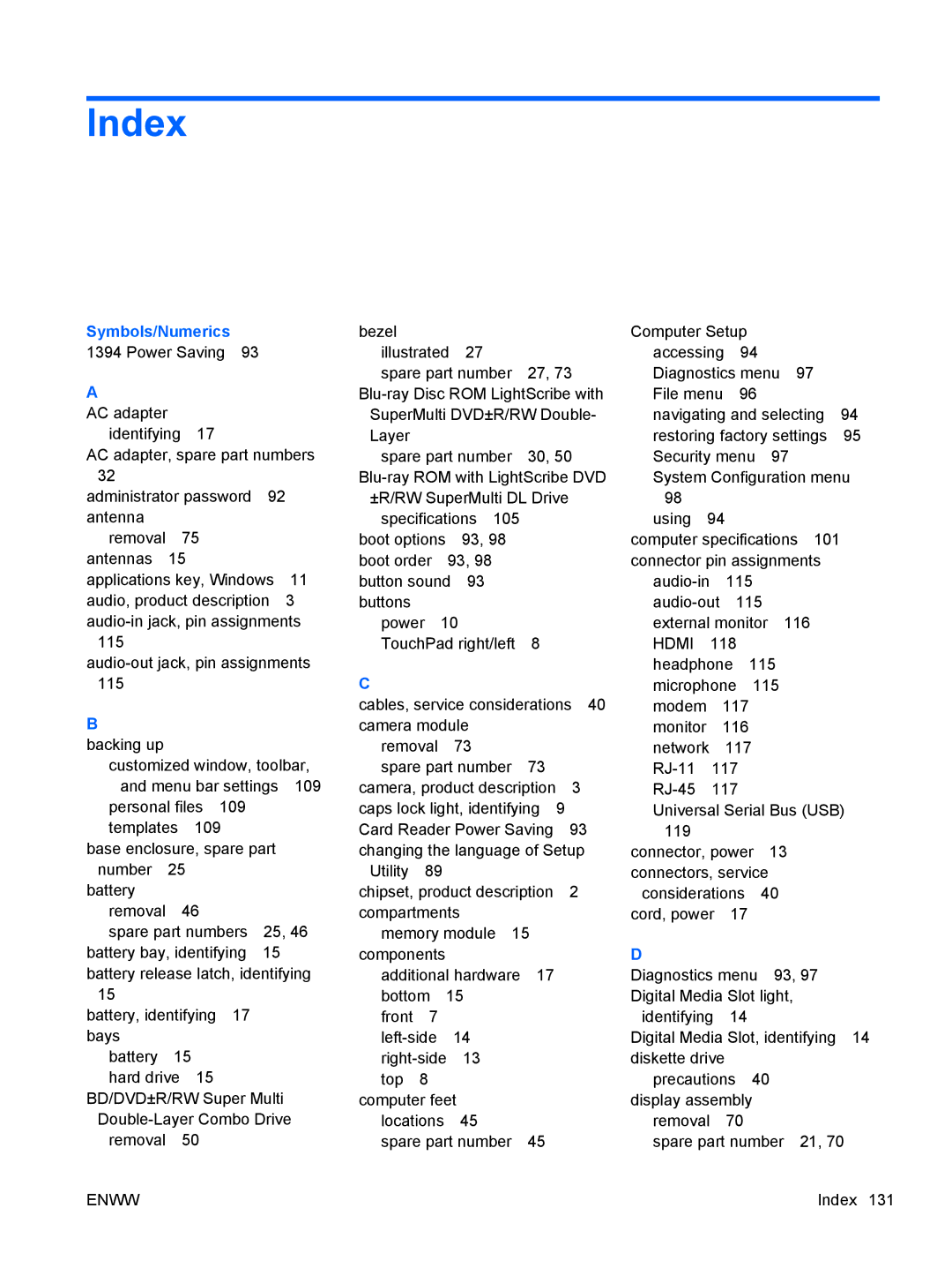 HP G62-222US, CQ62 manual Index, Symbols/Numerics 