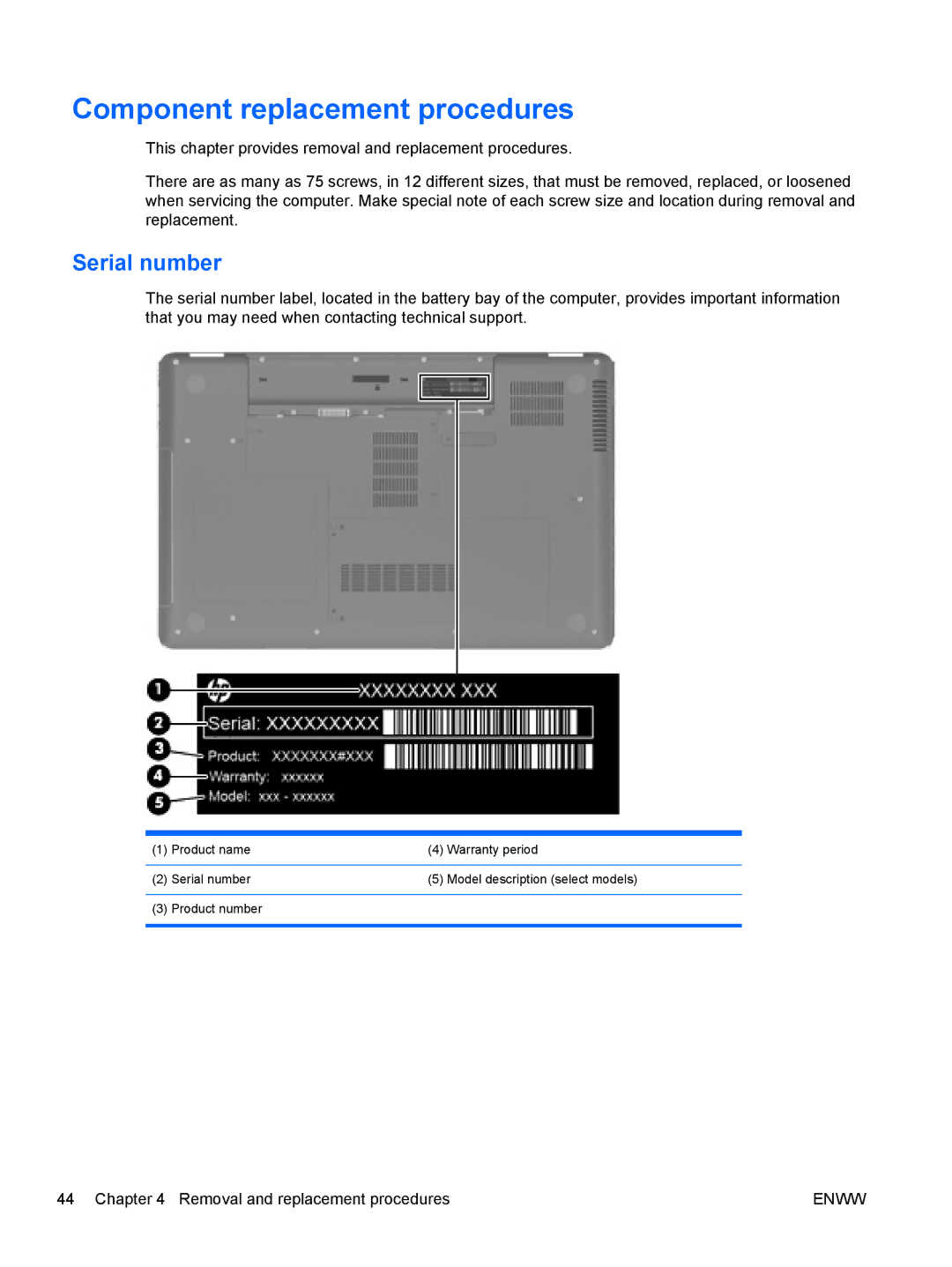 HP G62-222US, CQ62 manual Component replacement procedures, Serial number 