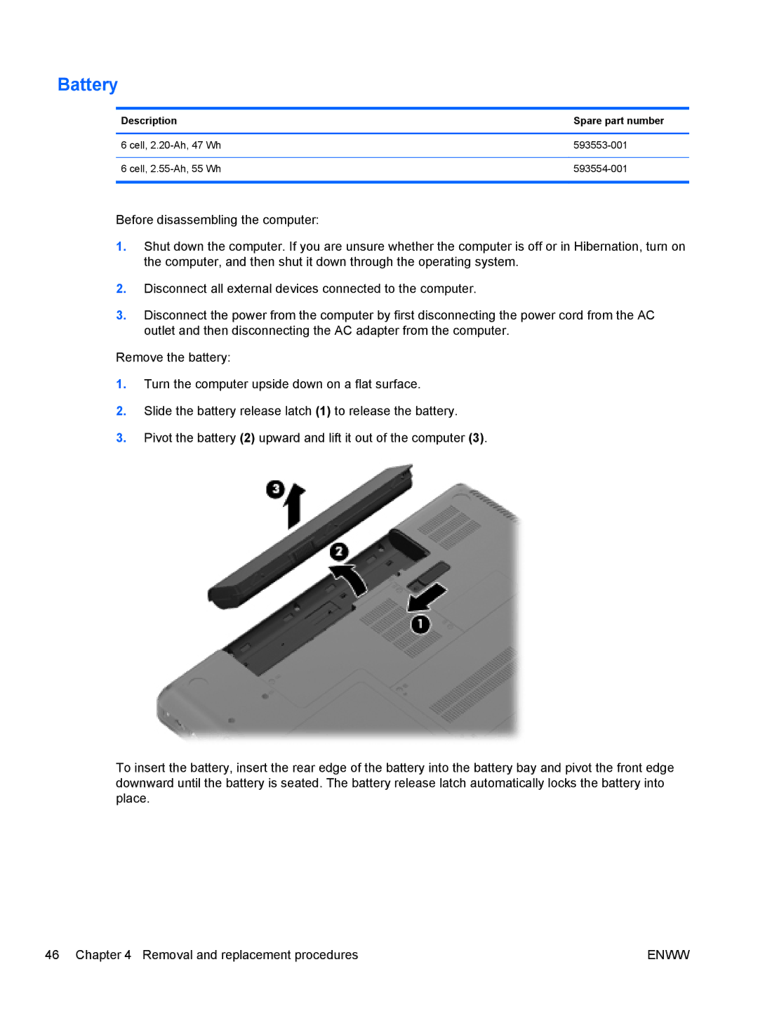 HP CQ62, G62-222US manual Battery, Description Spare part number 