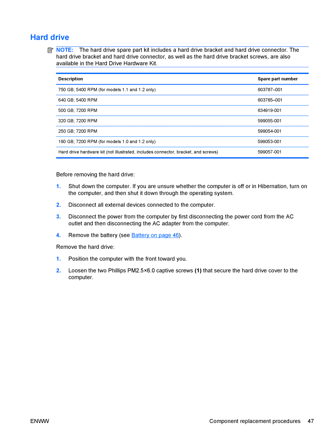 HP G62-222US, CQ62 manual Hard drive 