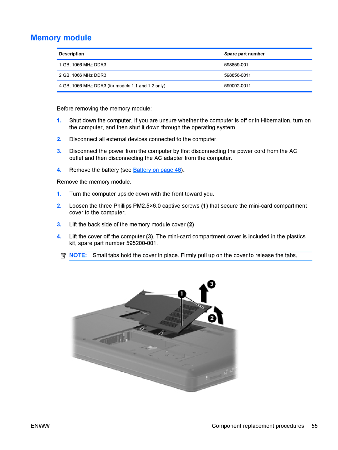 HP CQ62, G62-222US manual Memory module, Description Spare part number 