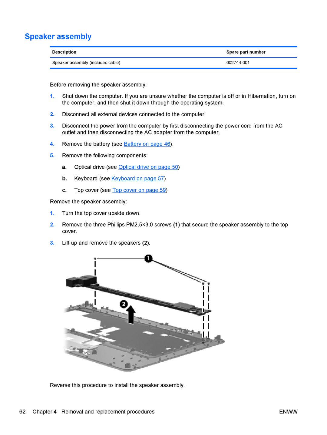 HP G62-222US, CQ62 manual Speaker assembly 