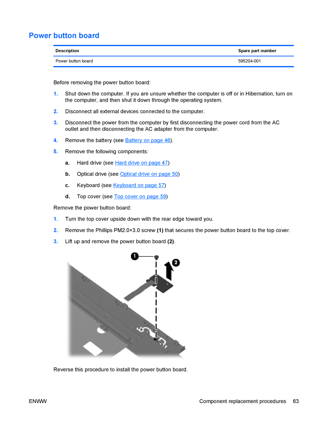 HP G62-222US, CQ62 manual Description Spare part number Power button board 595204-001 