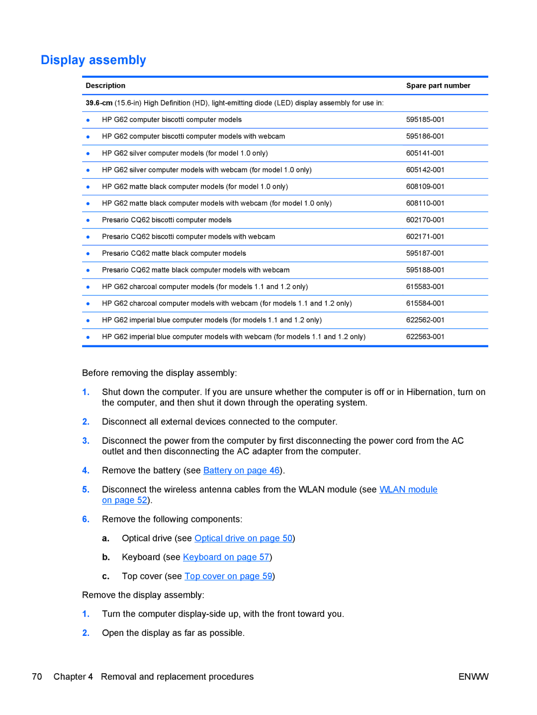 HP CQ62, G62-222US manual Display assembly, Description Spare part number 