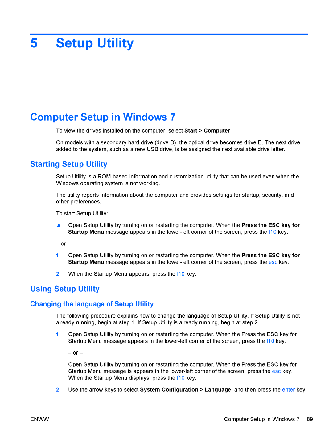 HP G62-222US, CQ62 manual Computer Setup in Windows, Starting Setup Utility, Using Setup Utility 