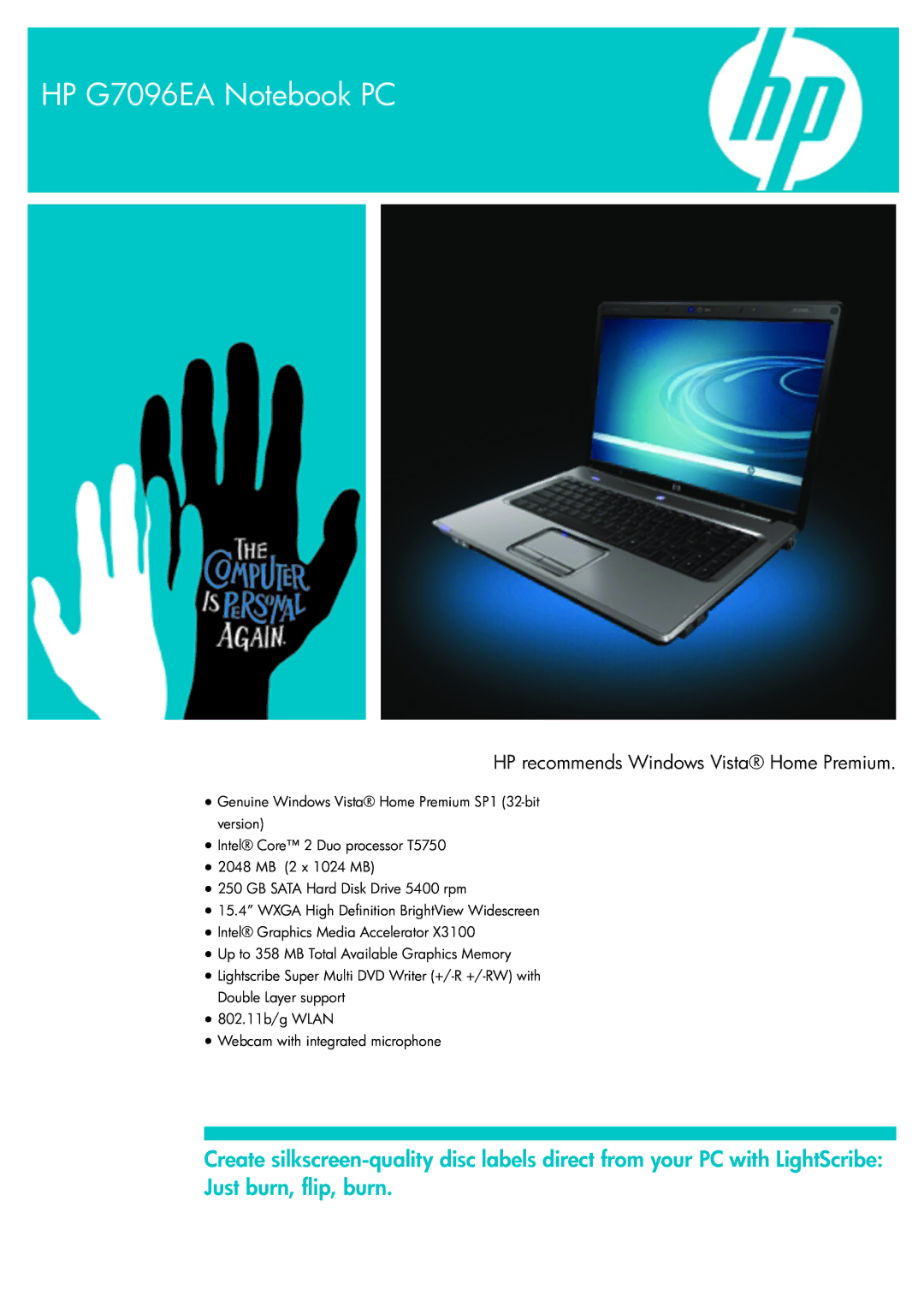 HP manual HP G7096EA Notebook PC, HP recommends Windows Vista Home Premium 