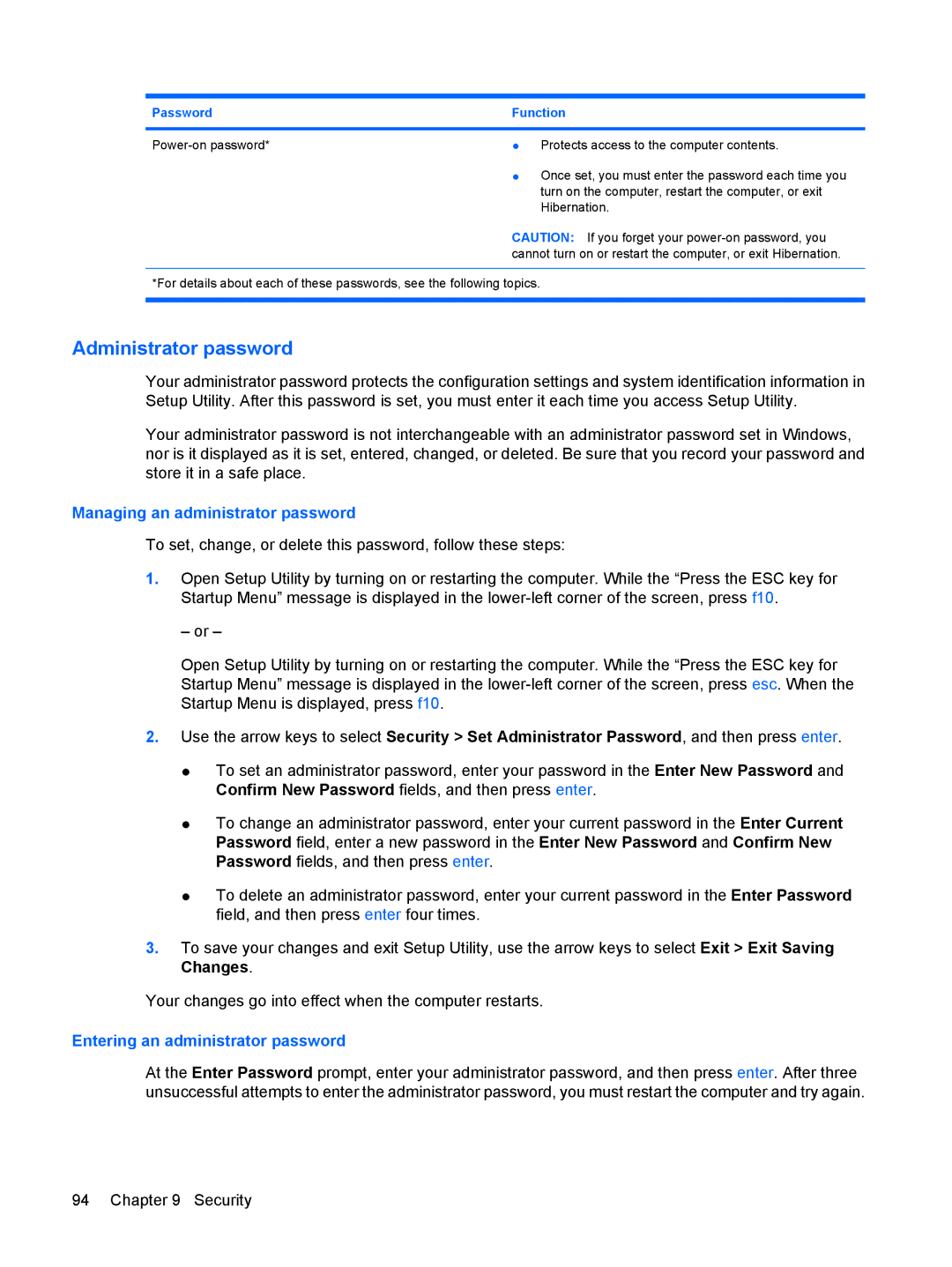 HP G72-B66US manual Administrator password, Managing an administrator password 