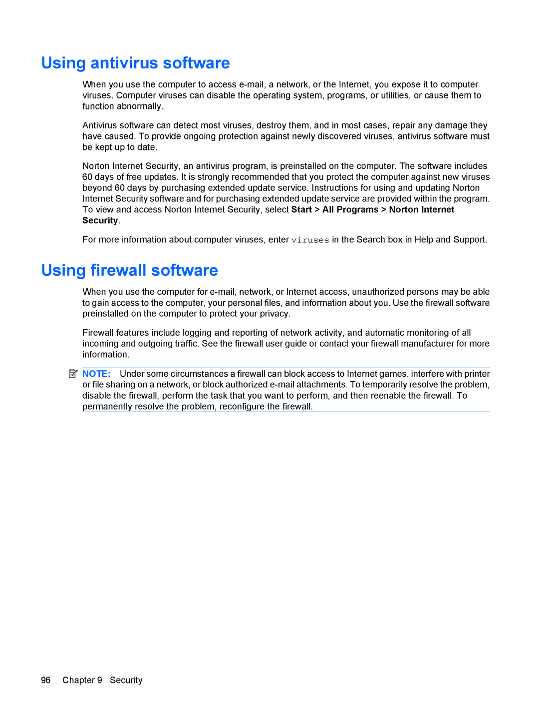 HP G72-B66US manual Using antivirus software, Using firewall software 