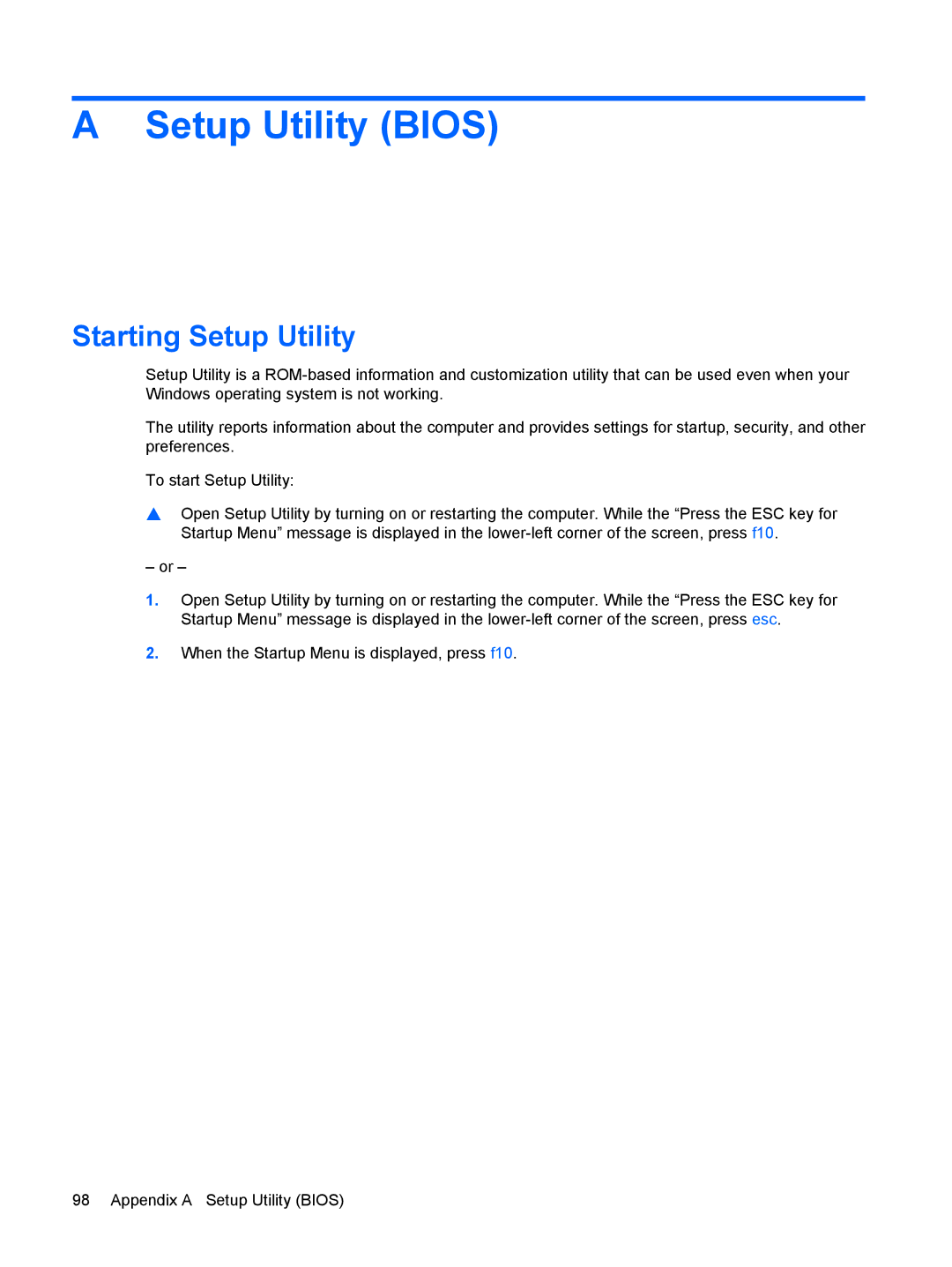 HP G72-B66US manual Setup Utility Bios, Starting Setup Utility 