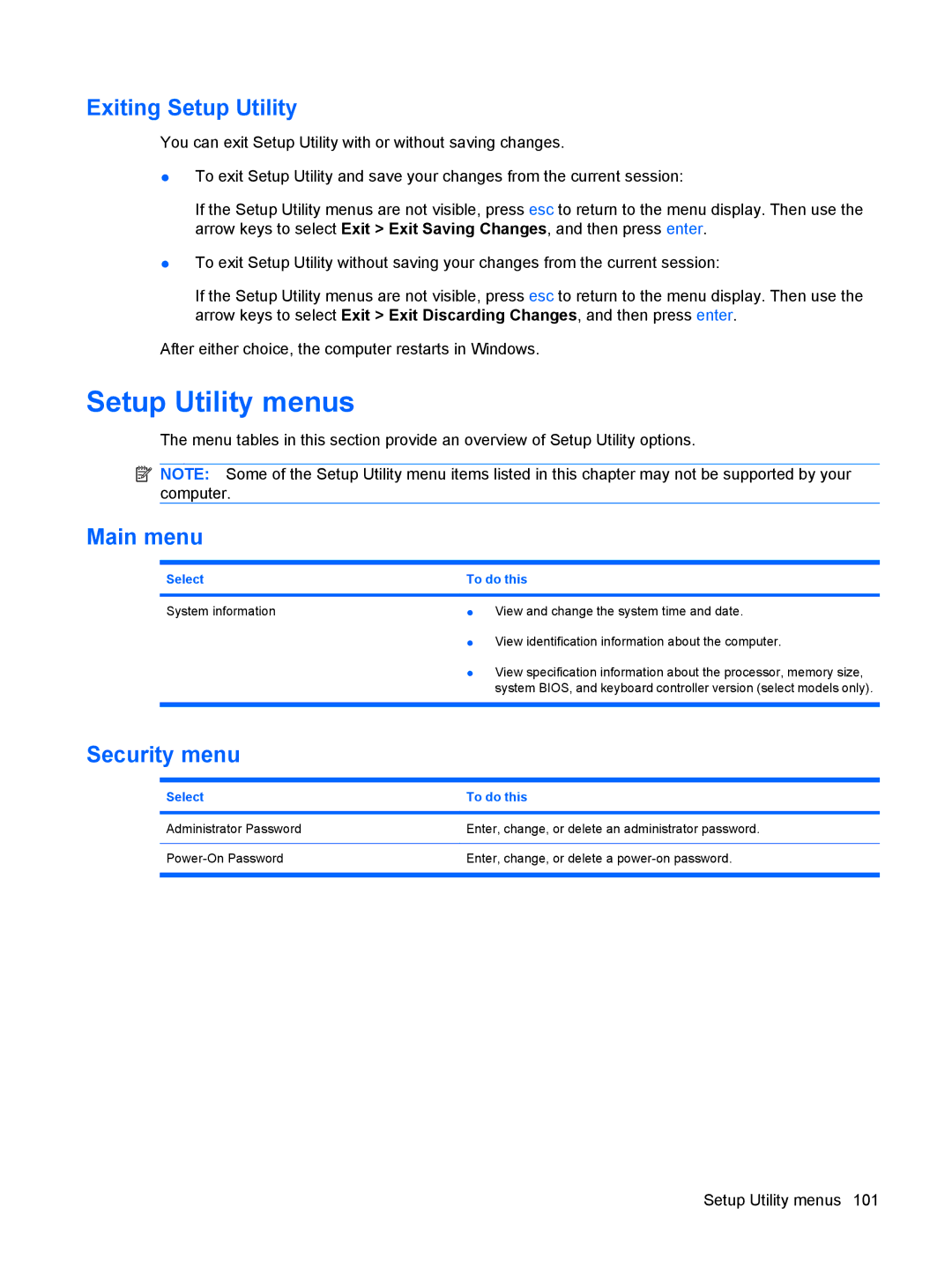 HP G72-B66US manual Setup Utility menus, Exiting Setup Utility, Main menu, Security menu 