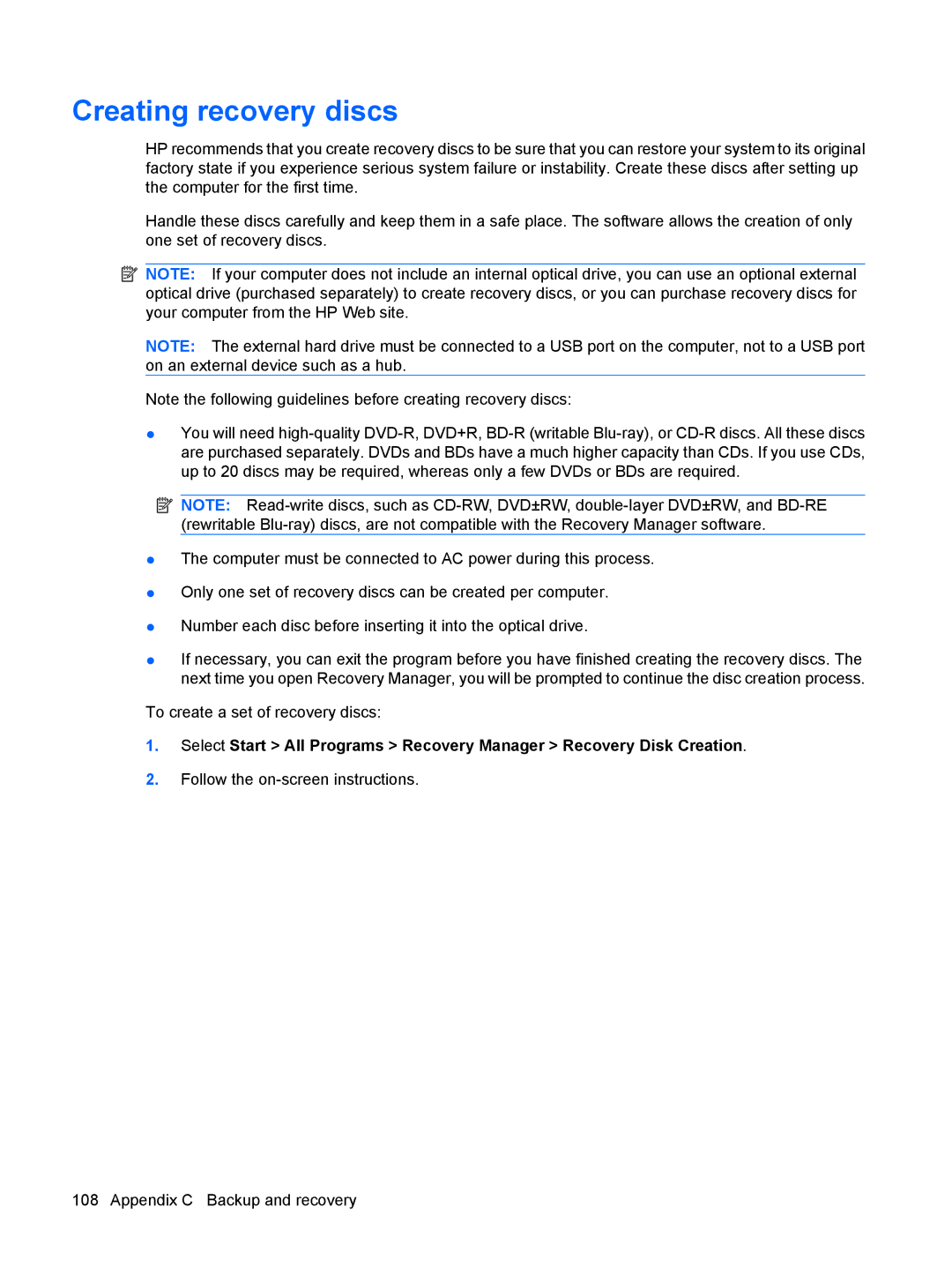 HP G72-B66US manual Creating recovery discs 