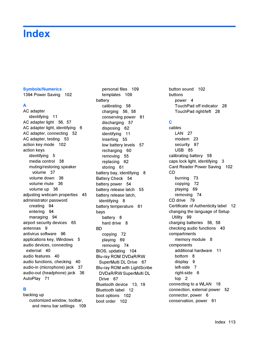 HP G72-B66US manual Index, Symbols/Numerics 