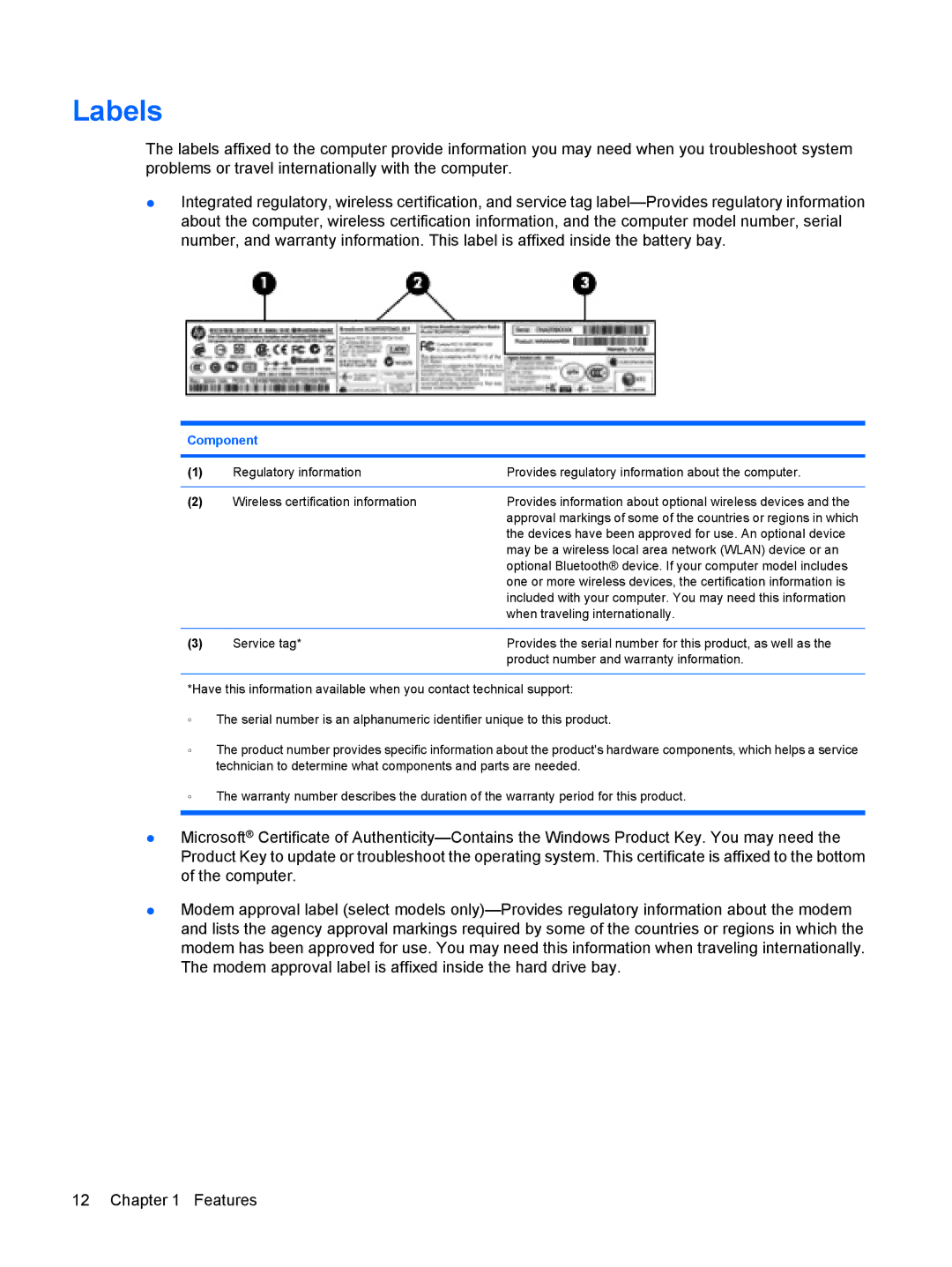 HP G72-B66US manual Labels, Component 