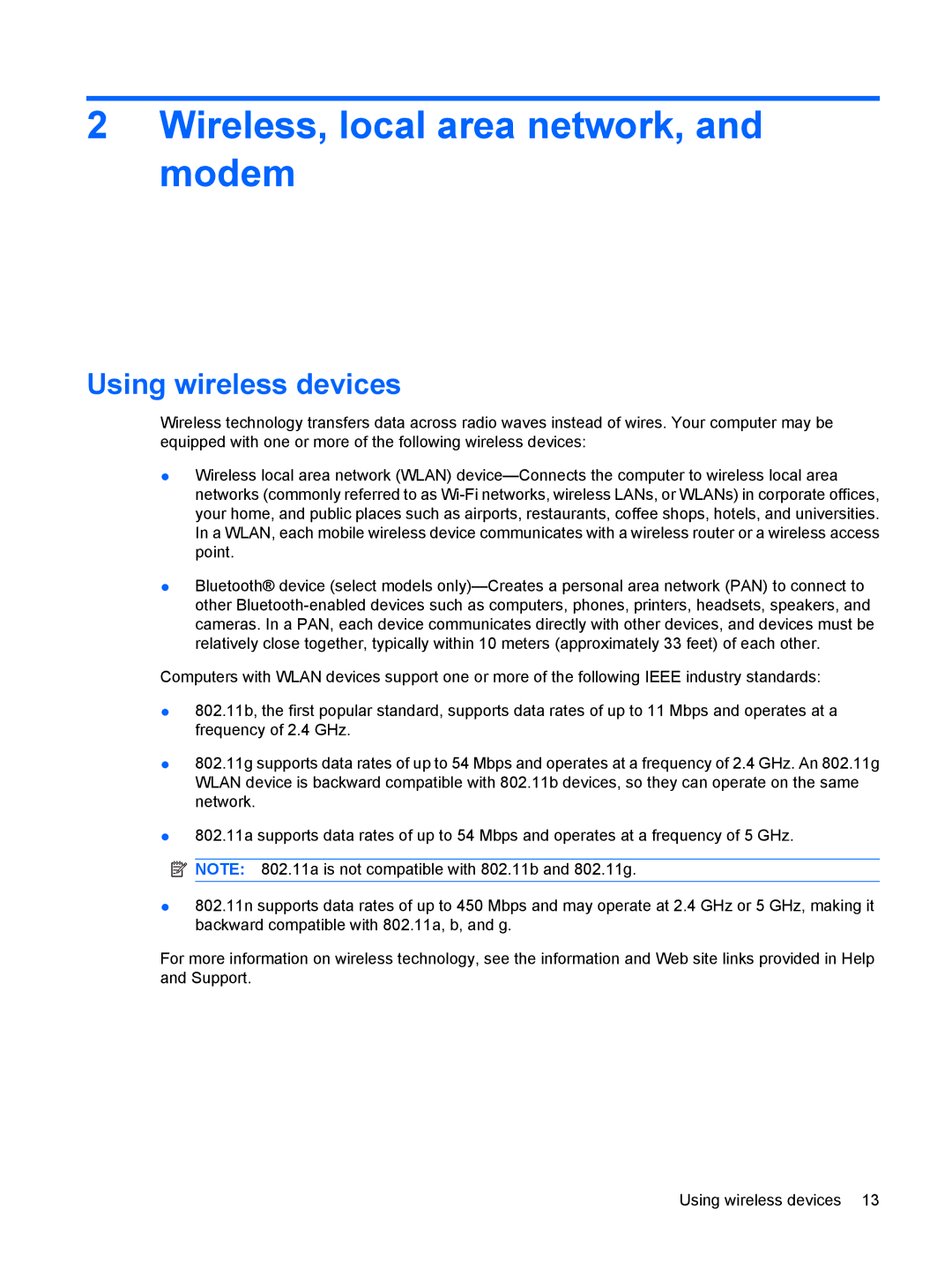 HP G72-B66US manual Wireless, local area network, and modem, Using wireless devices 