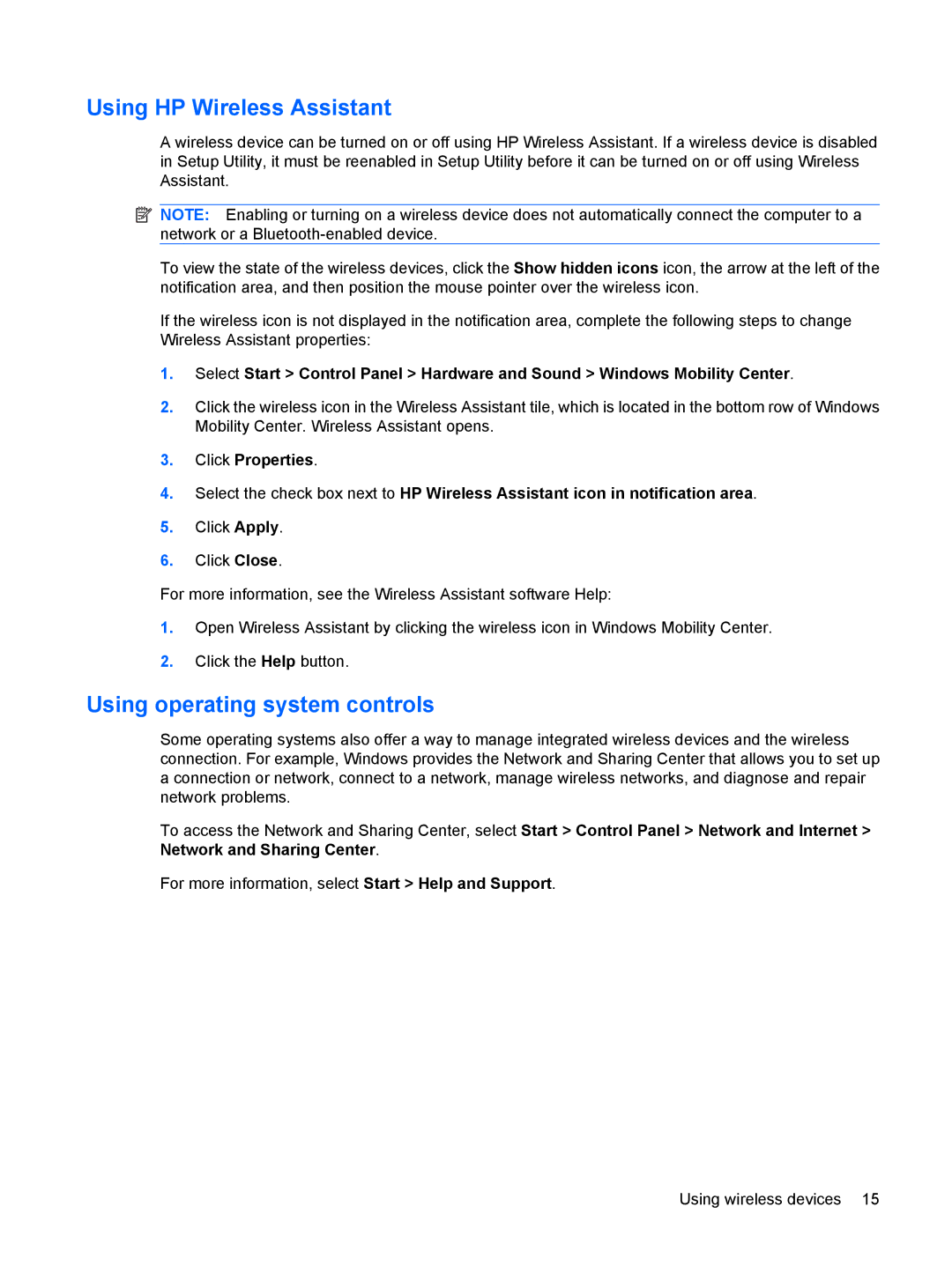 HP G72-B66US manual Using HP Wireless Assistant, Using operating system controls 