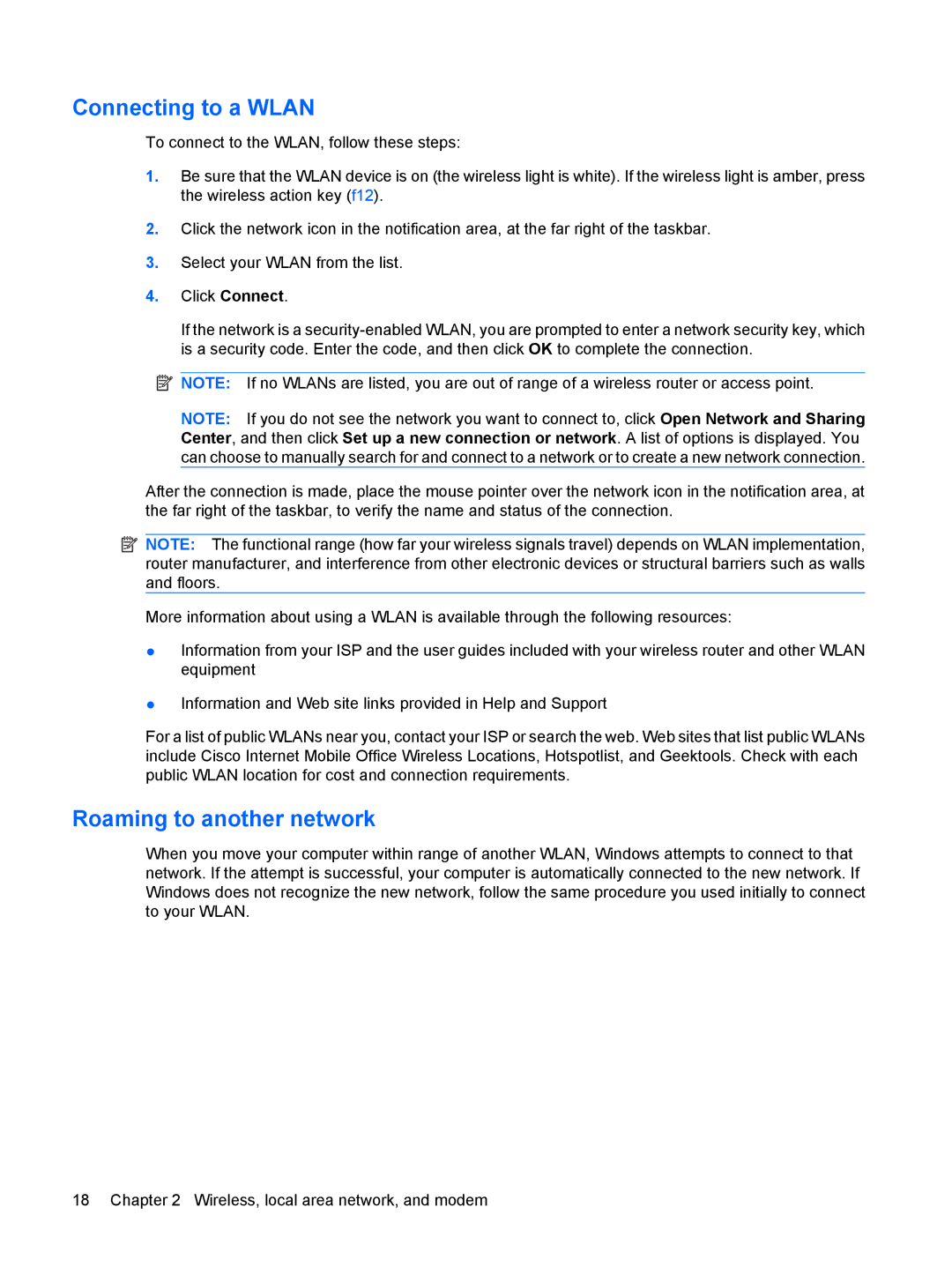 HP G72-B66US manual Connecting to a Wlan, Roaming to another network 