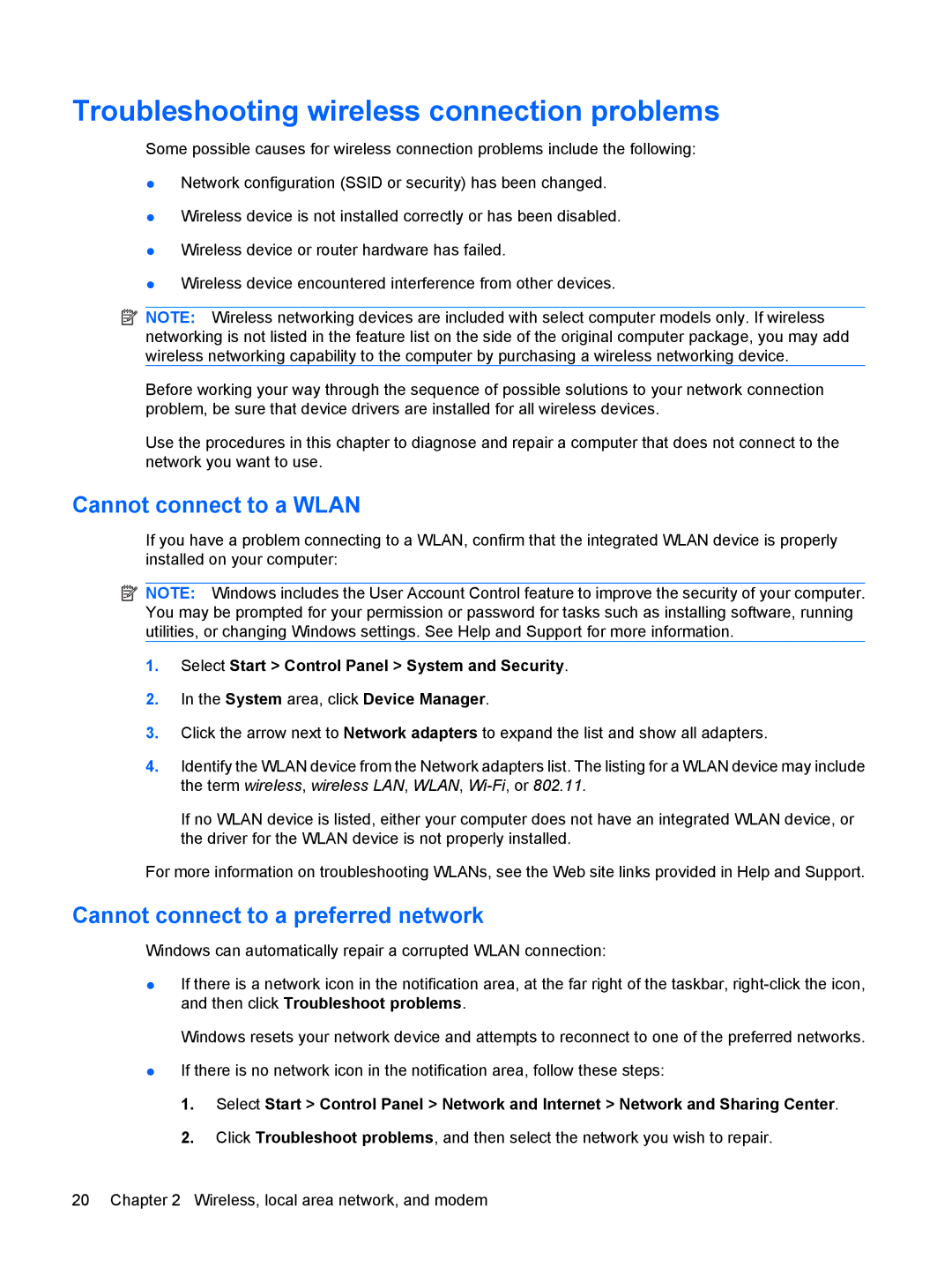 HP G72-B66US Troubleshooting wireless connection problems, Cannot connect to a Wlan, Cannot connect to a preferred network 