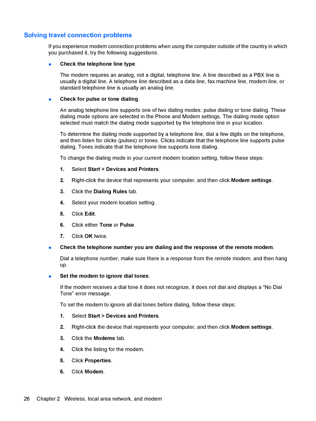 HP G72-B66US manual Solving travel connection problems, Check the telephone line type, Check for pulse or tone dialing 