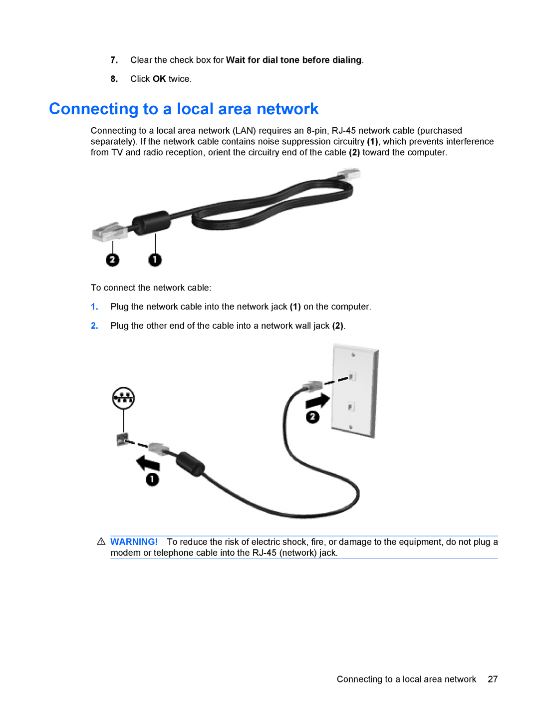 HP G72-B66US manual Connecting to a local area network, Clear the check box for Wait for dial tone before dialing 