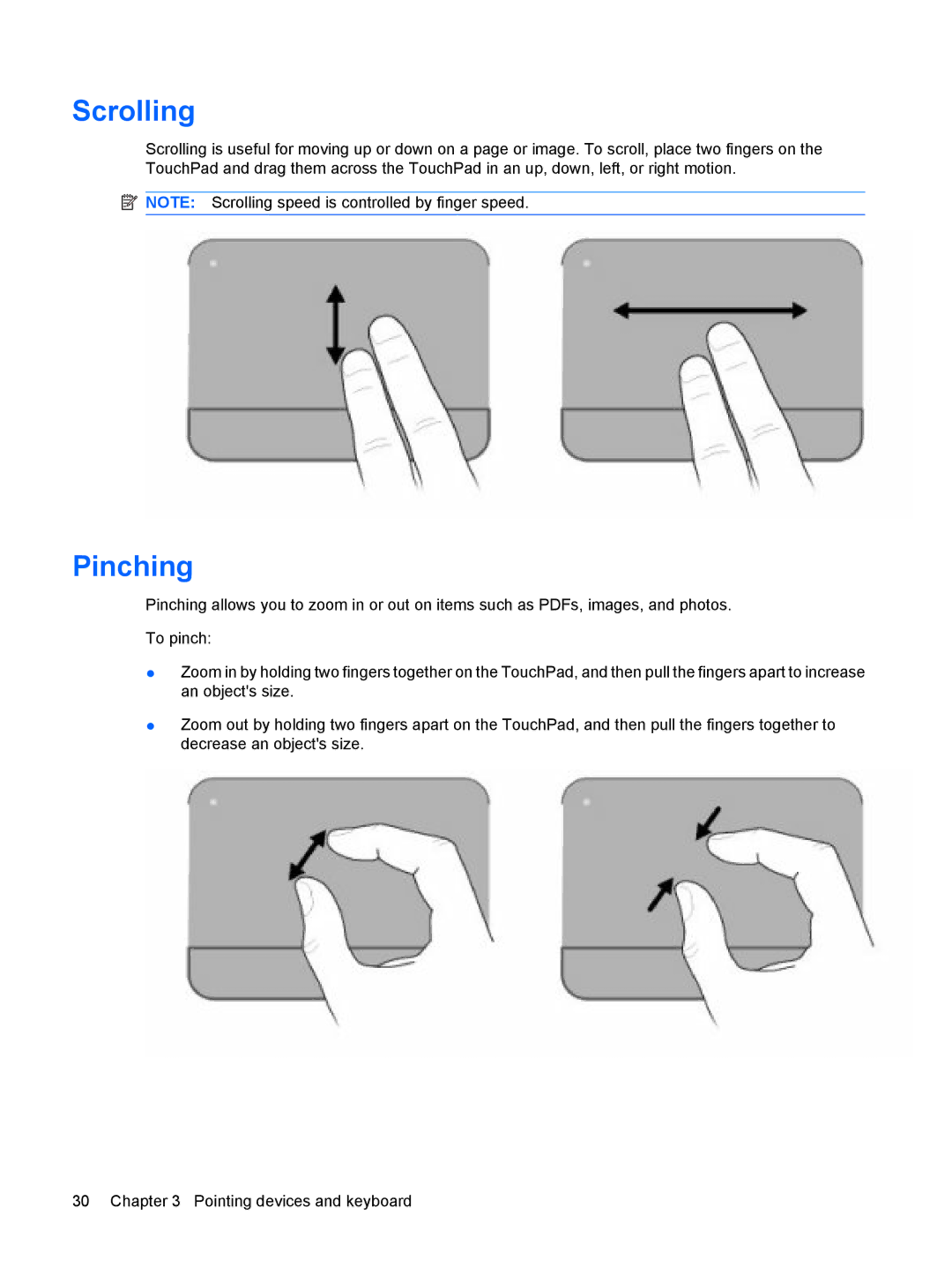 HP G72-B66US manual Scrolling, Pinching 