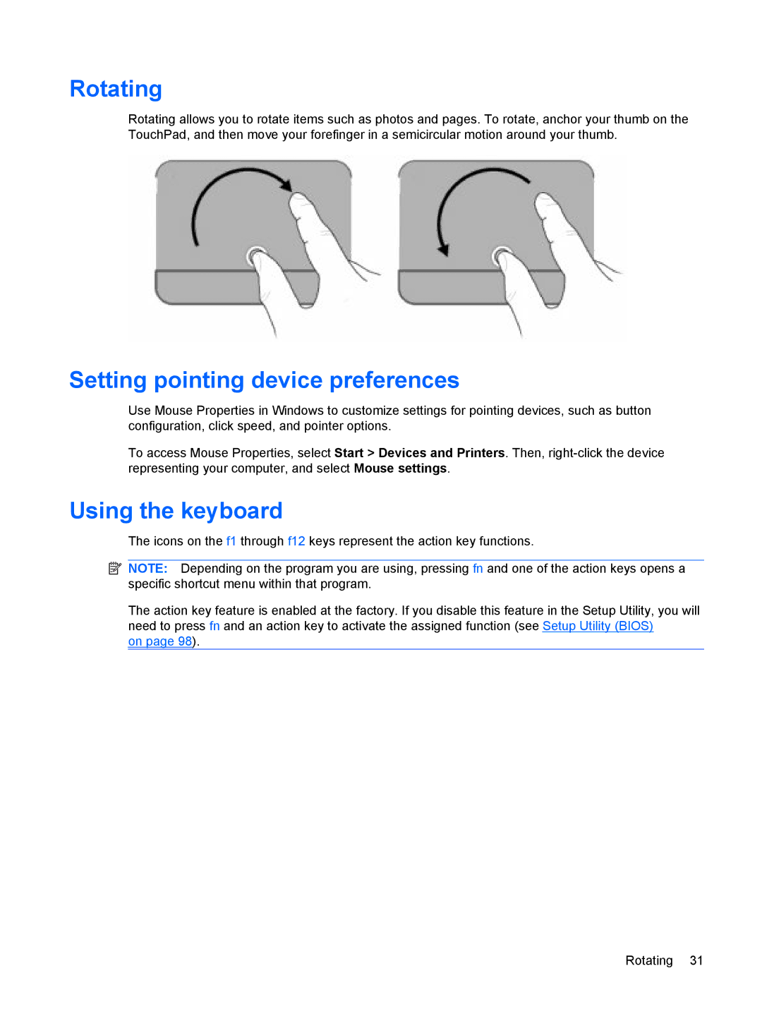 HP G72-B66US manual Rotating, Setting pointing device preferences, Using the keyboard 