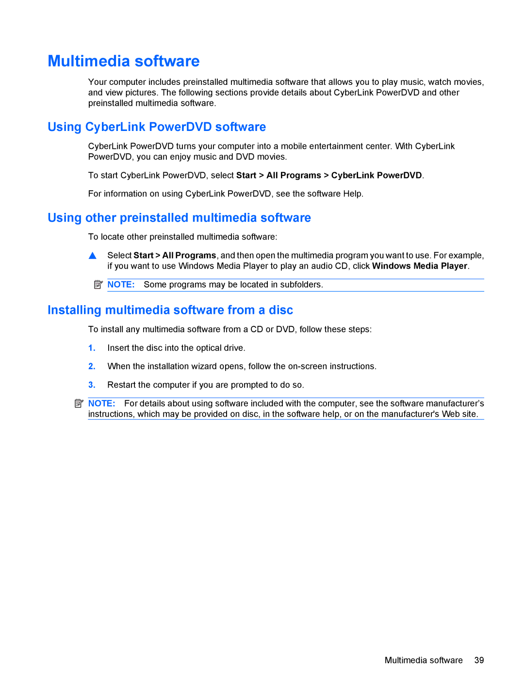 HP G72-B66US manual Multimedia software, Using CyberLink PowerDVD software, Using other preinstalled multimedia software 