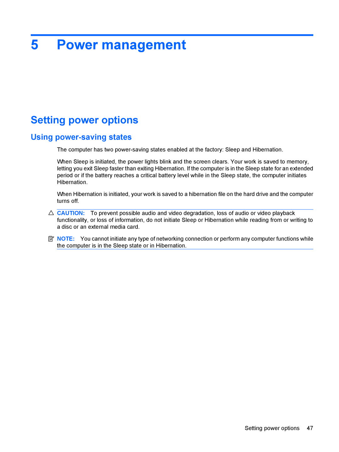 HP G72-B66US manual Power management, Setting power options, Using power-saving states 