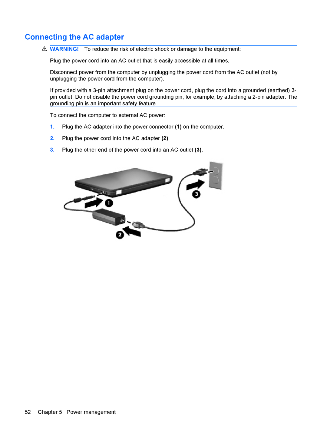 HP G72-B66US manual Connecting the AC adapter 