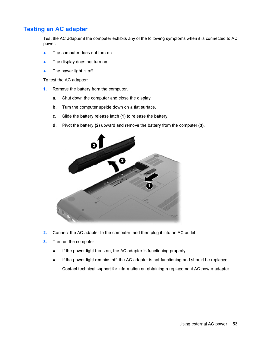 HP G72-B66US manual Testing an AC adapter 