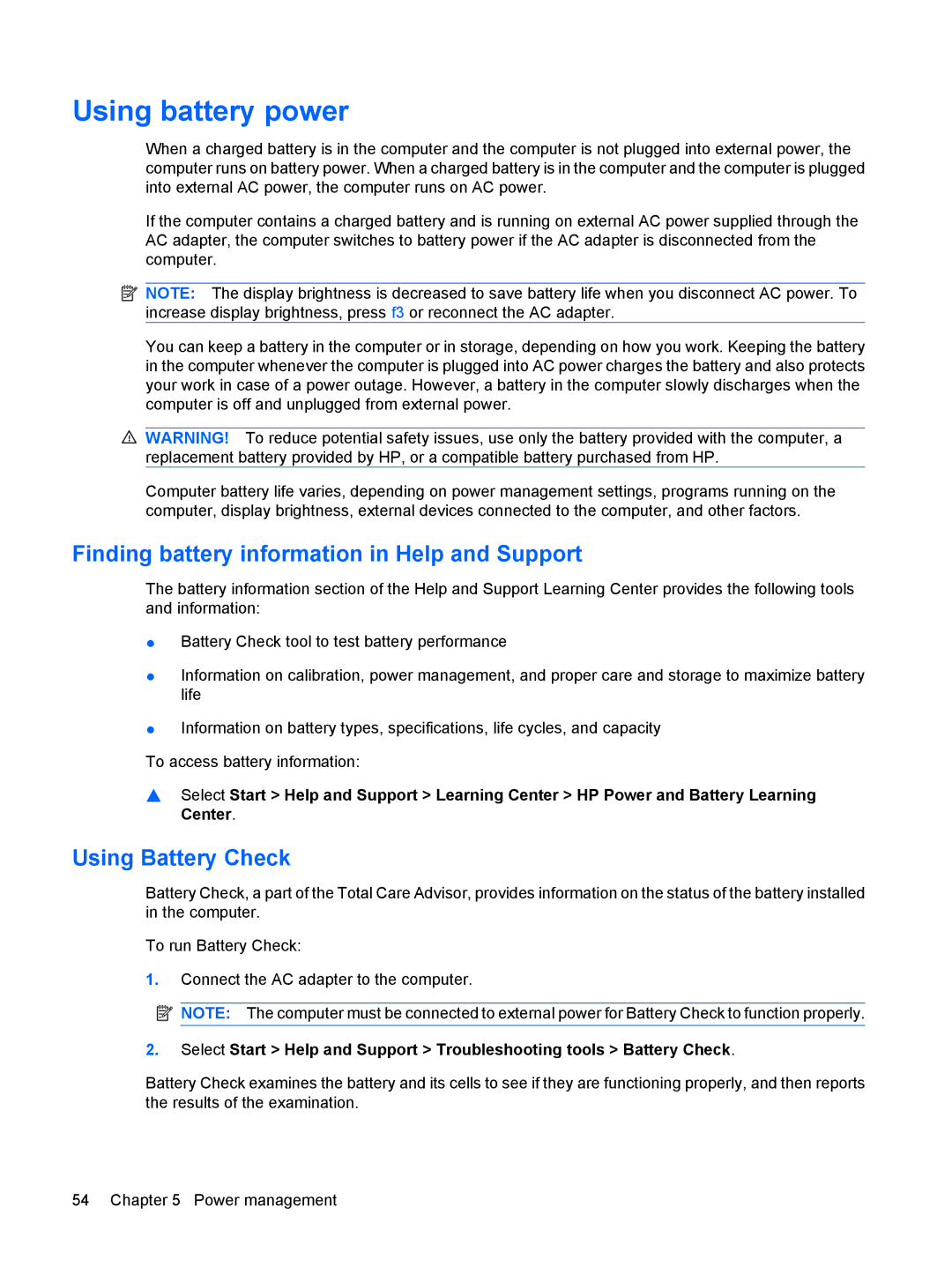 HP G72-B66US manual Using battery power, Finding battery information in Help and Support, Using Battery Check 