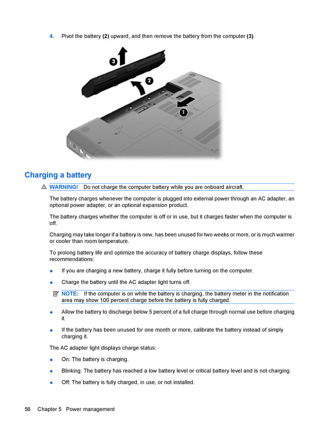 HP G72-B66US manual Charging a battery 