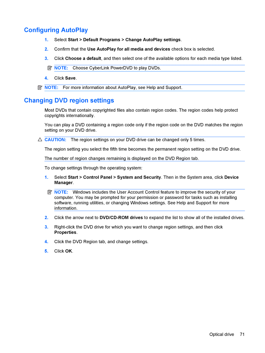 HP G72-B66US Configuring AutoPlay, Changing DVD region settings, Select Start Default Programs Change AutoPlay settings 