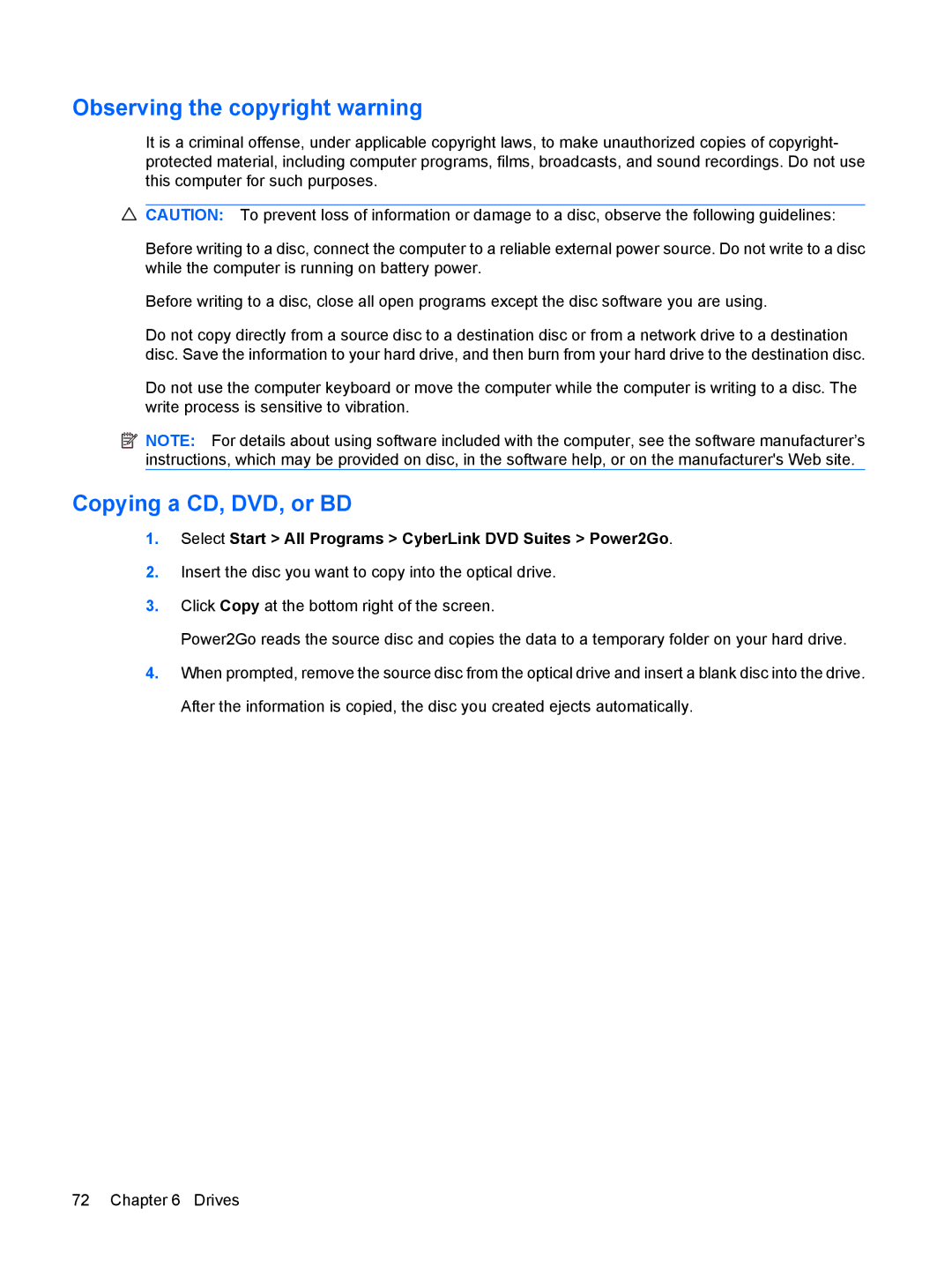 HP G72-B66US manual Observing the copyright warning, Copying a CD, DVD, or BD 