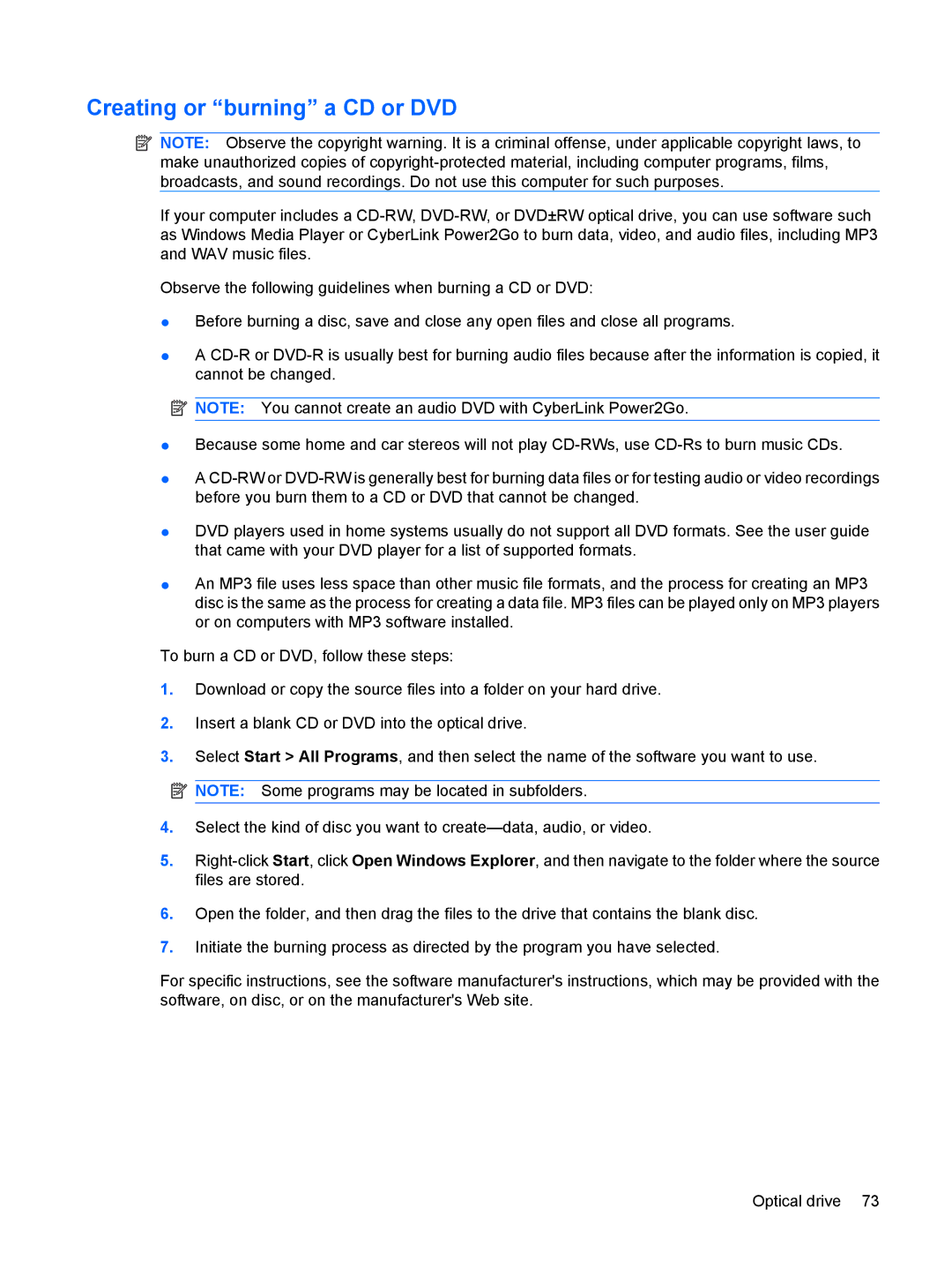 HP G72-B66US manual Creating or burning a CD or DVD 